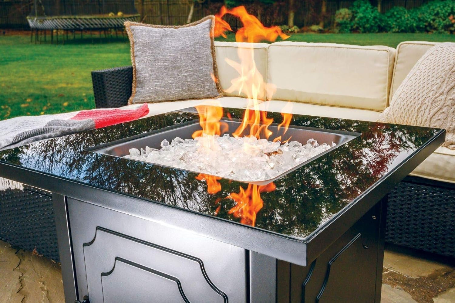 30" Outdoor Propane Gas Black Glass Top Fire Pit (White Fire Glass)