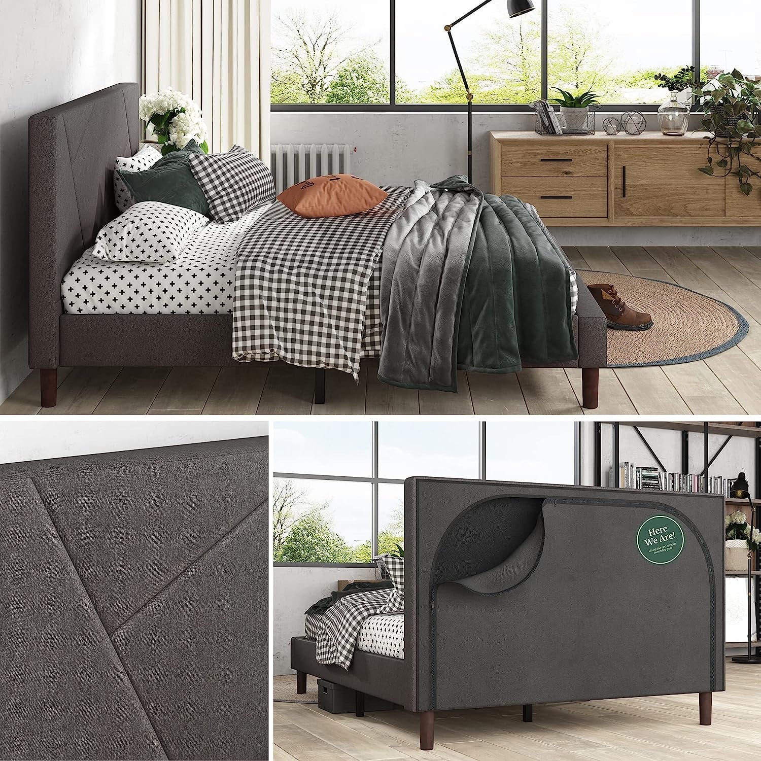 Judy Upholstered Platform Bed Frame, Mattress Foundation, Wood Slat Support, No Box Spring Needed, Easy Assembly, Queen
