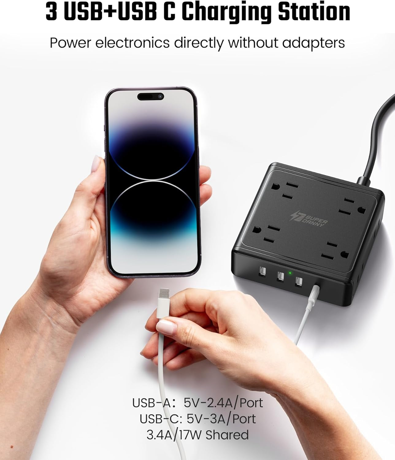 Power Strip with USB Ports, 8 Widely Spaced AC Outlets & 3 USB-A & 1 USB-C, Mountable, Charging Station, Flat Plug, 5 Ft Extension Cord, for Home Office Dorm Hotel Travel Cruise Ship, Black