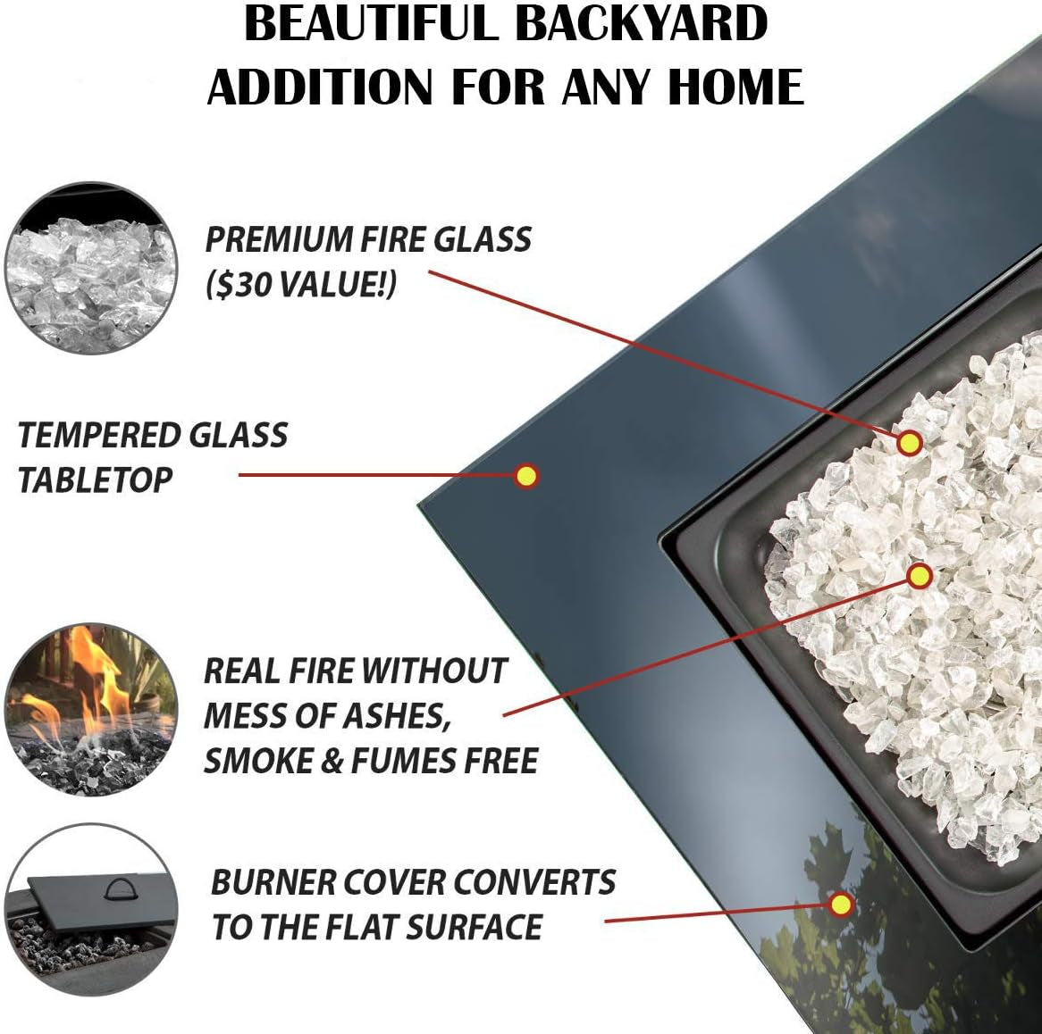 30" Outdoor Propane Gas Black Glass Top Fire Pit (White Fire Glass)