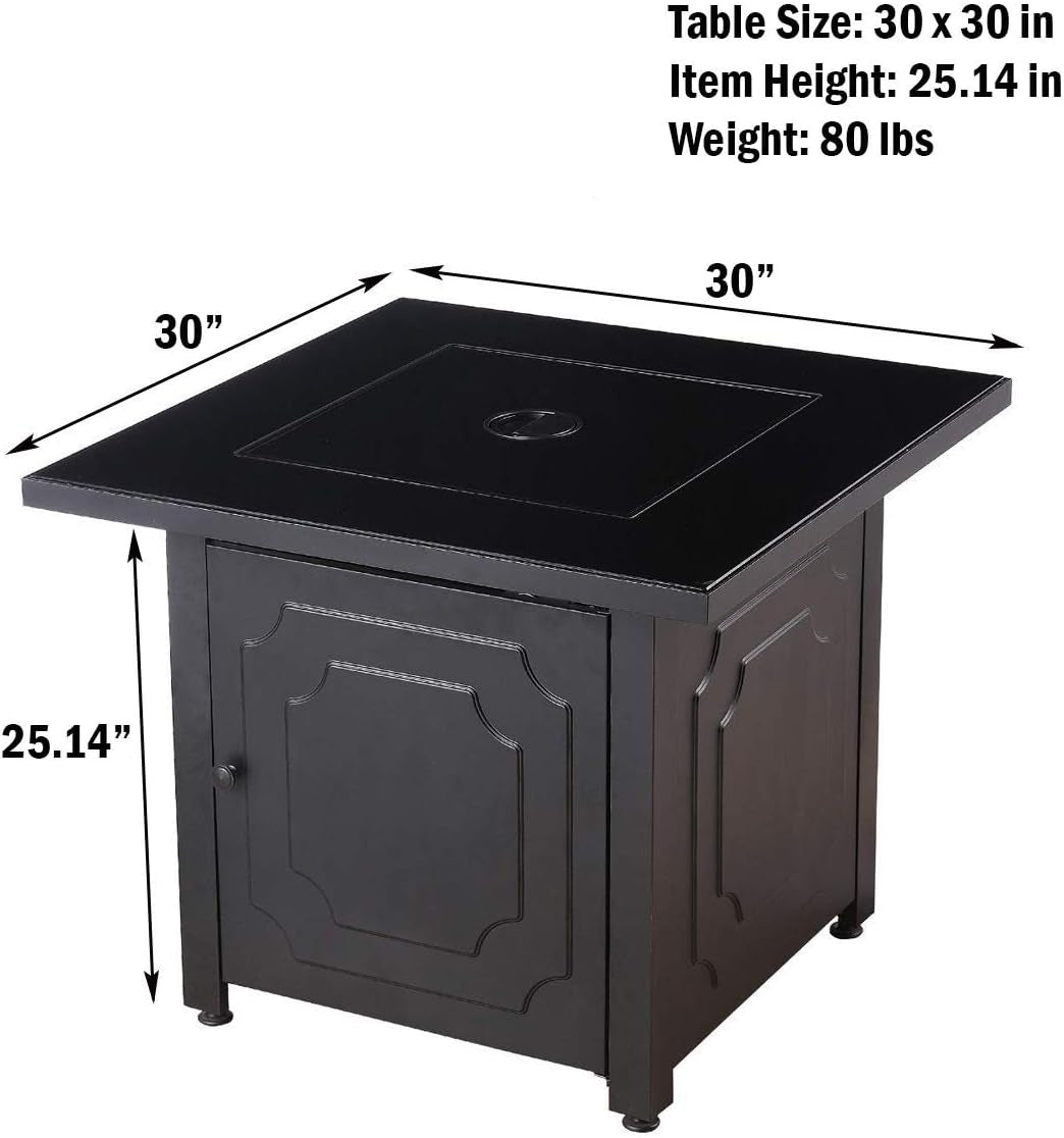 30" Outdoor Propane Gas Black Glass Top Fire Pit (White Fire Glass)