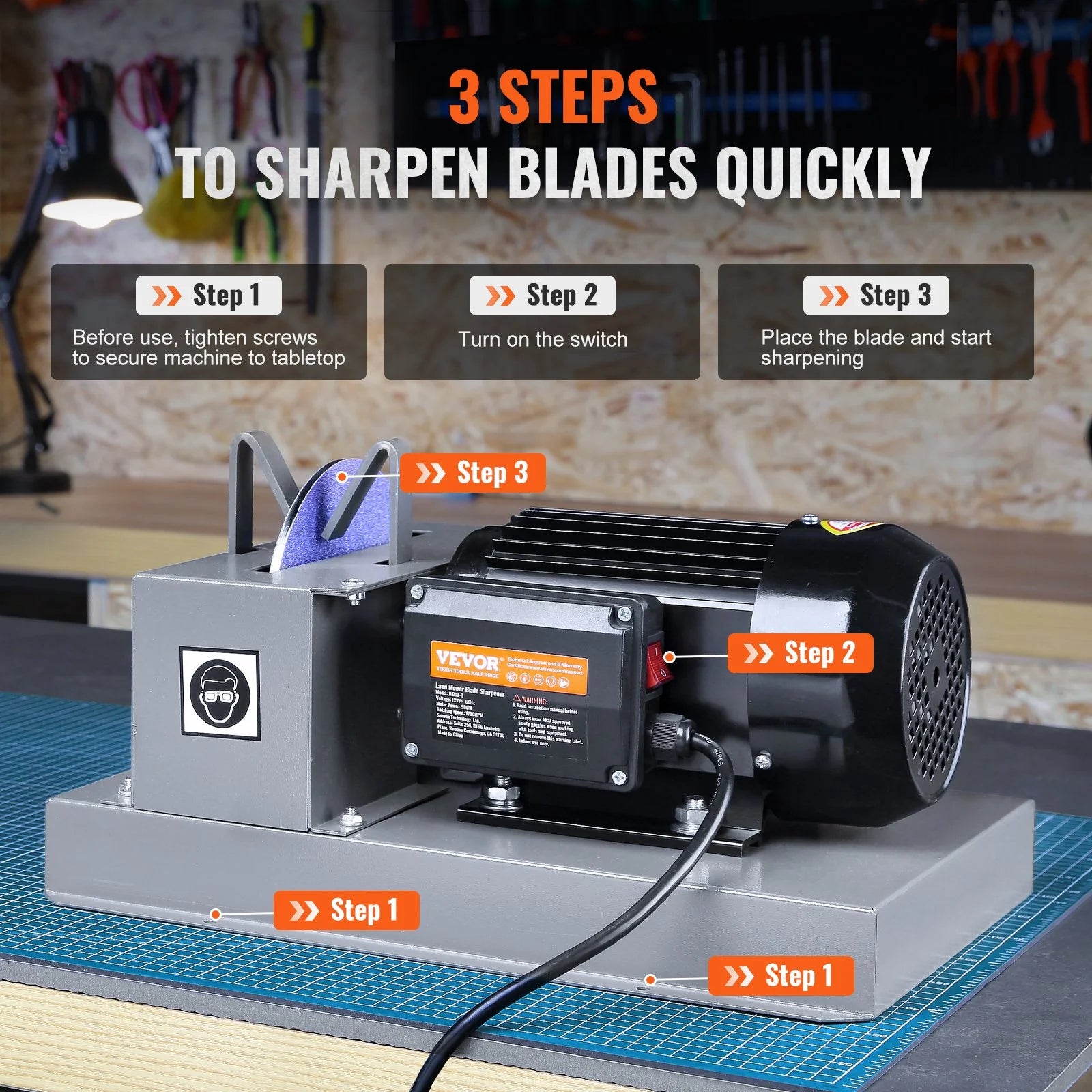 VEVOR Lawn Mower Blade Sharpener, 2/3HP 500W Lawnmower Blade Grinder with 7-Inch Ceramic Grinding Wheel, Powerful Bench Mower Sharpening Machine for High/Low Lift Blades, Gator Blades, Flat Blades