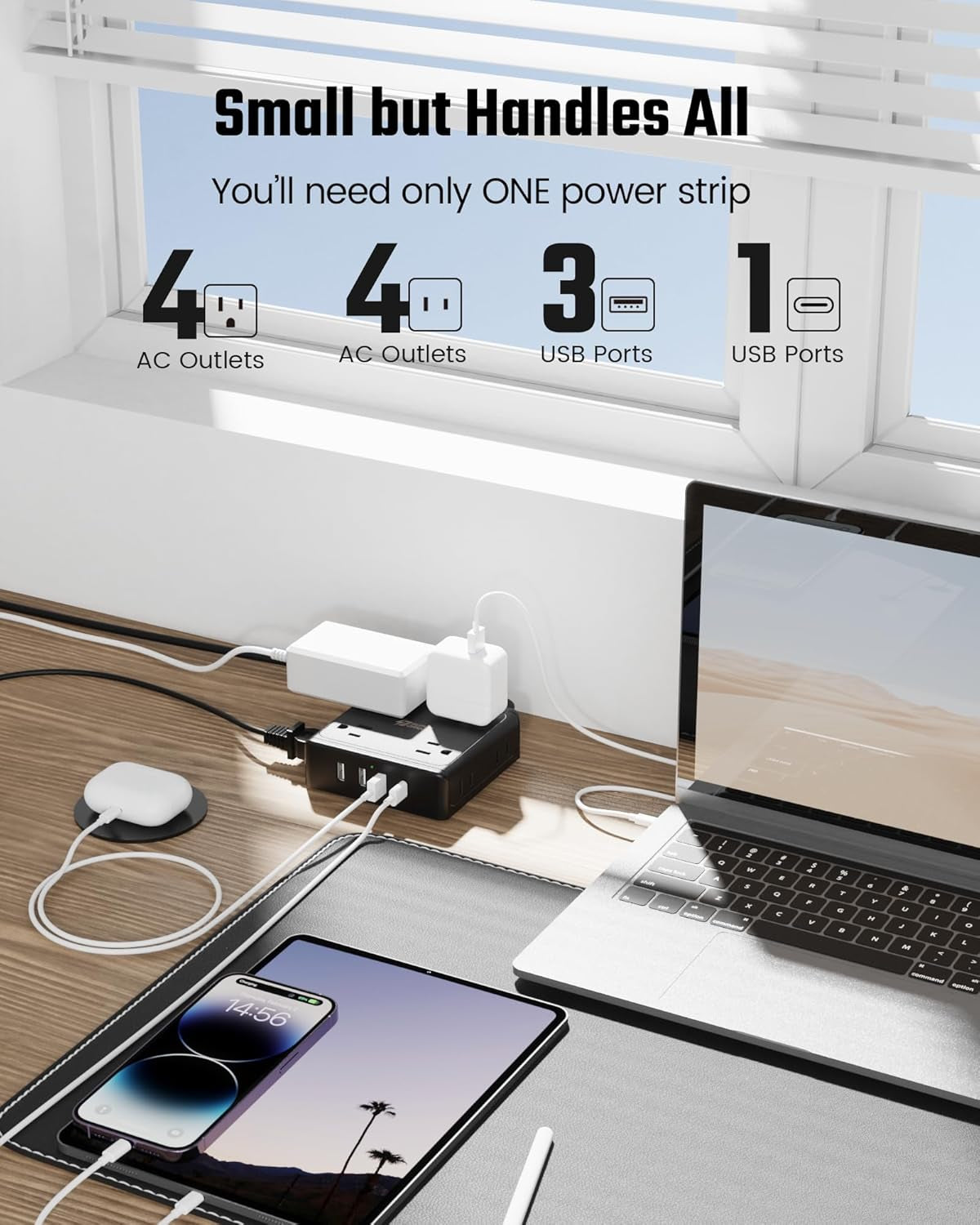 Power Strip with USB Ports, 8 Widely Spaced AC Outlets & 3 USB-A & 1 USB-C, Mountable, Charging Station, Flat Plug, 5 Ft Extension Cord, for Home Office Dorm Hotel Travel Cruise Ship, Black