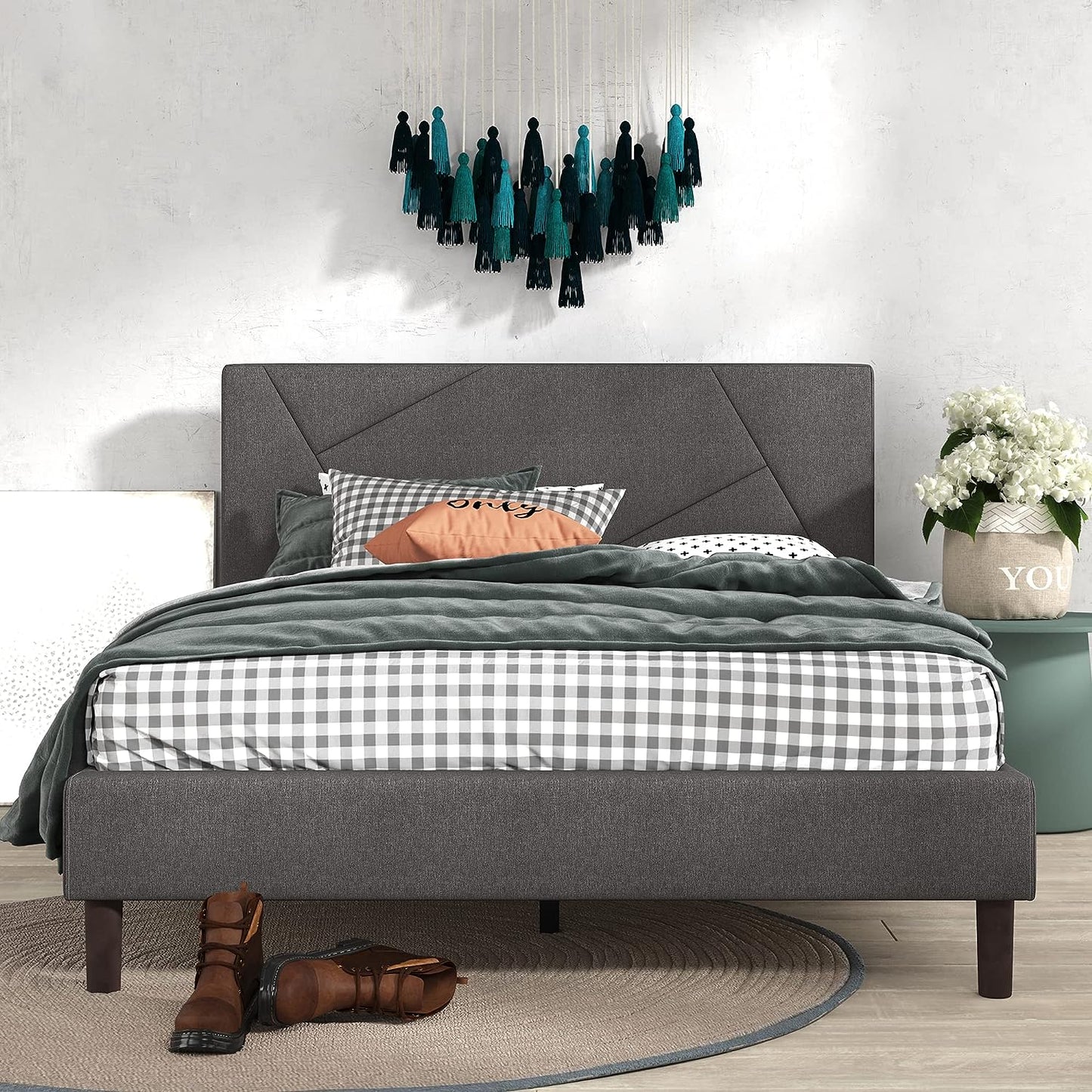 Judy Upholstered Platform Bed Frame, Mattress Foundation, Wood Slat Support, No Box Spring Needed, Easy Assembly, Queen