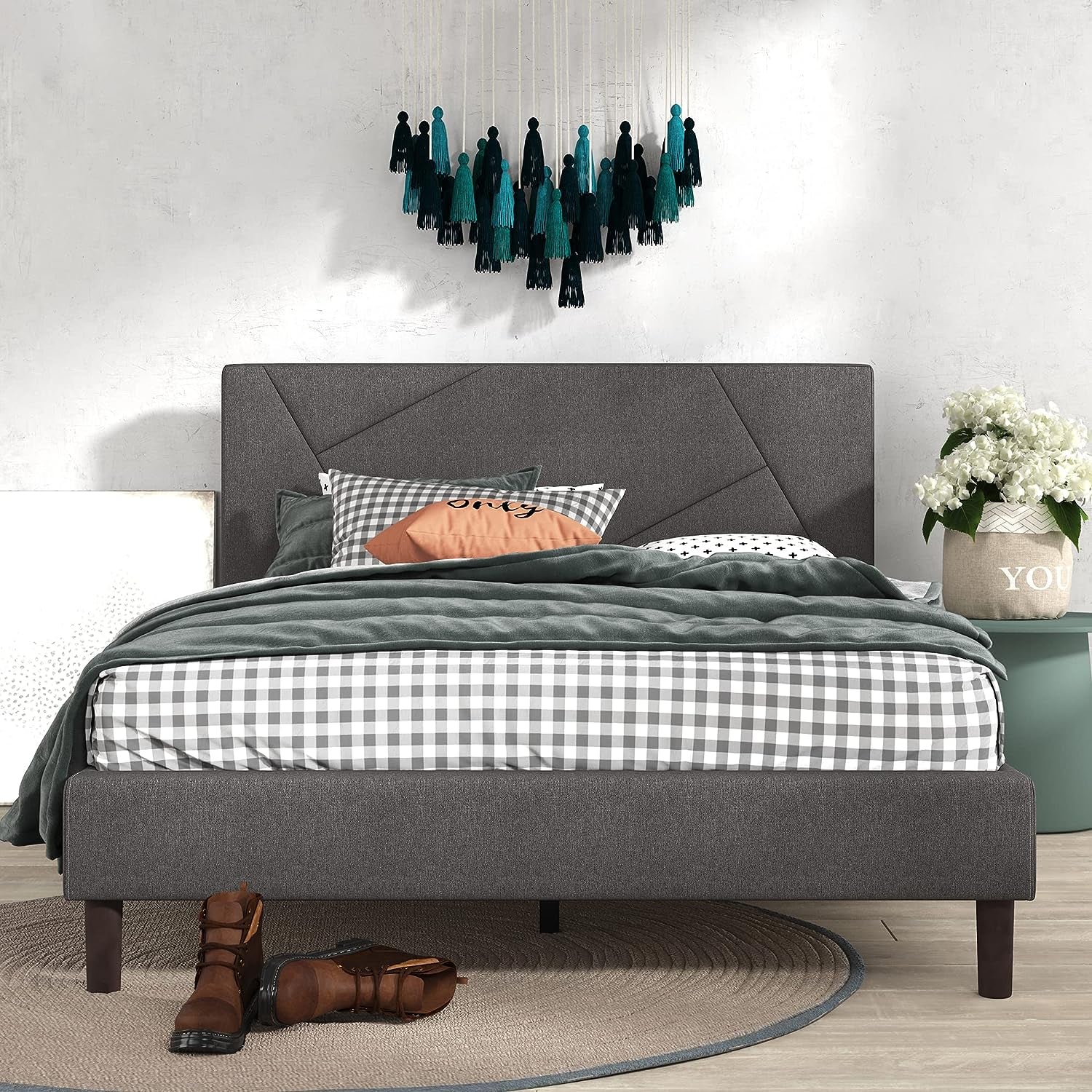 Judy Upholstered Platform Bed Frame, Mattress Foundation, Wood Slat Support, No Box Spring Needed, Easy Assembly, Queen