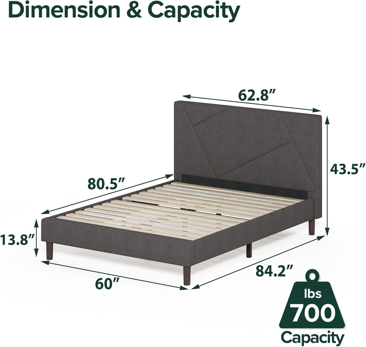Judy Upholstered Platform Bed Frame, Mattress Foundation, Wood Slat Support, No Box Spring Needed, Easy Assembly, Queen