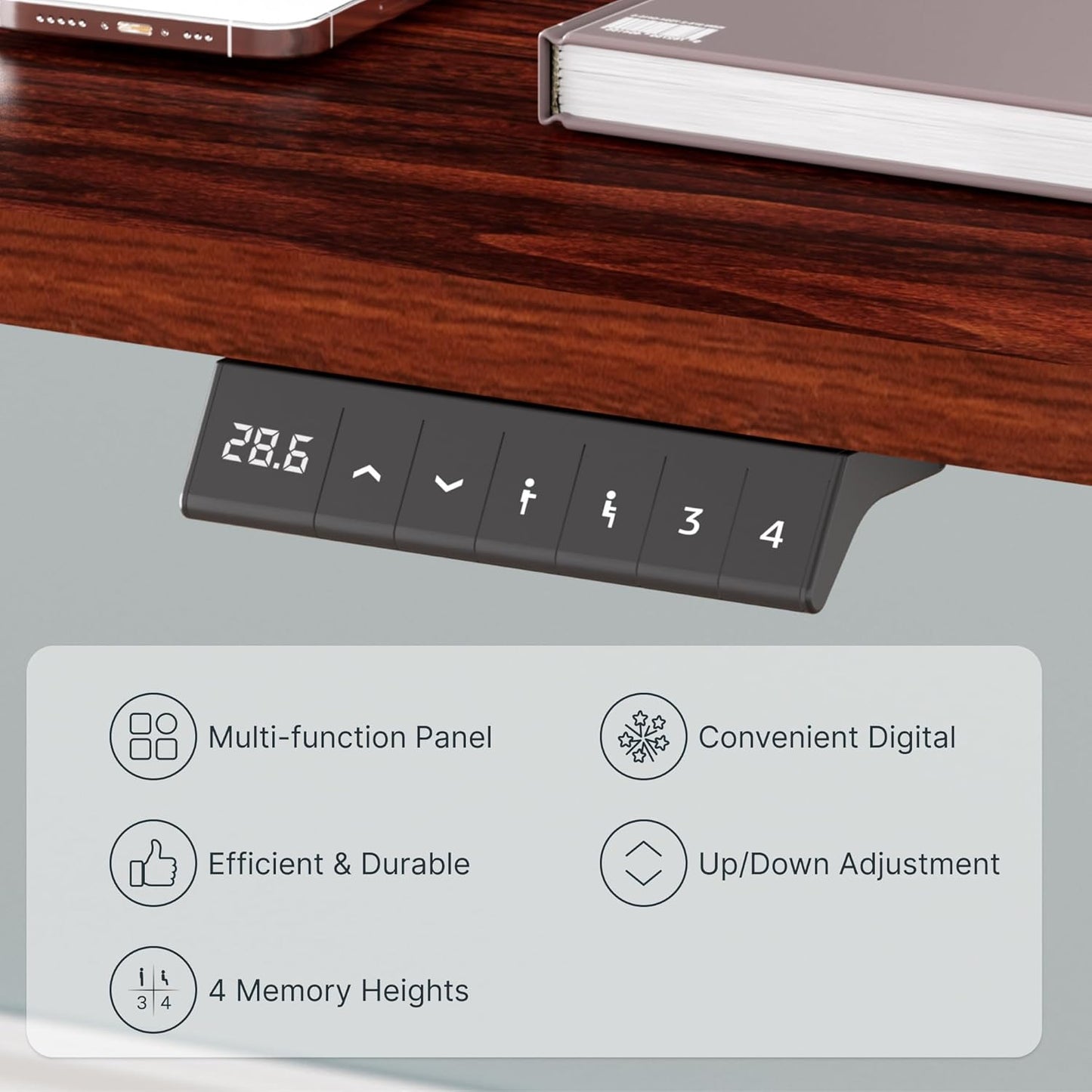 EN2 Whole-Piece Standing Desk with Clamp Power Strip, 55 X 28” Electric Stand up Height Adjustable Desk with Cable Management (Gray Frame + 55" Mahogany Top, 2 Packages)