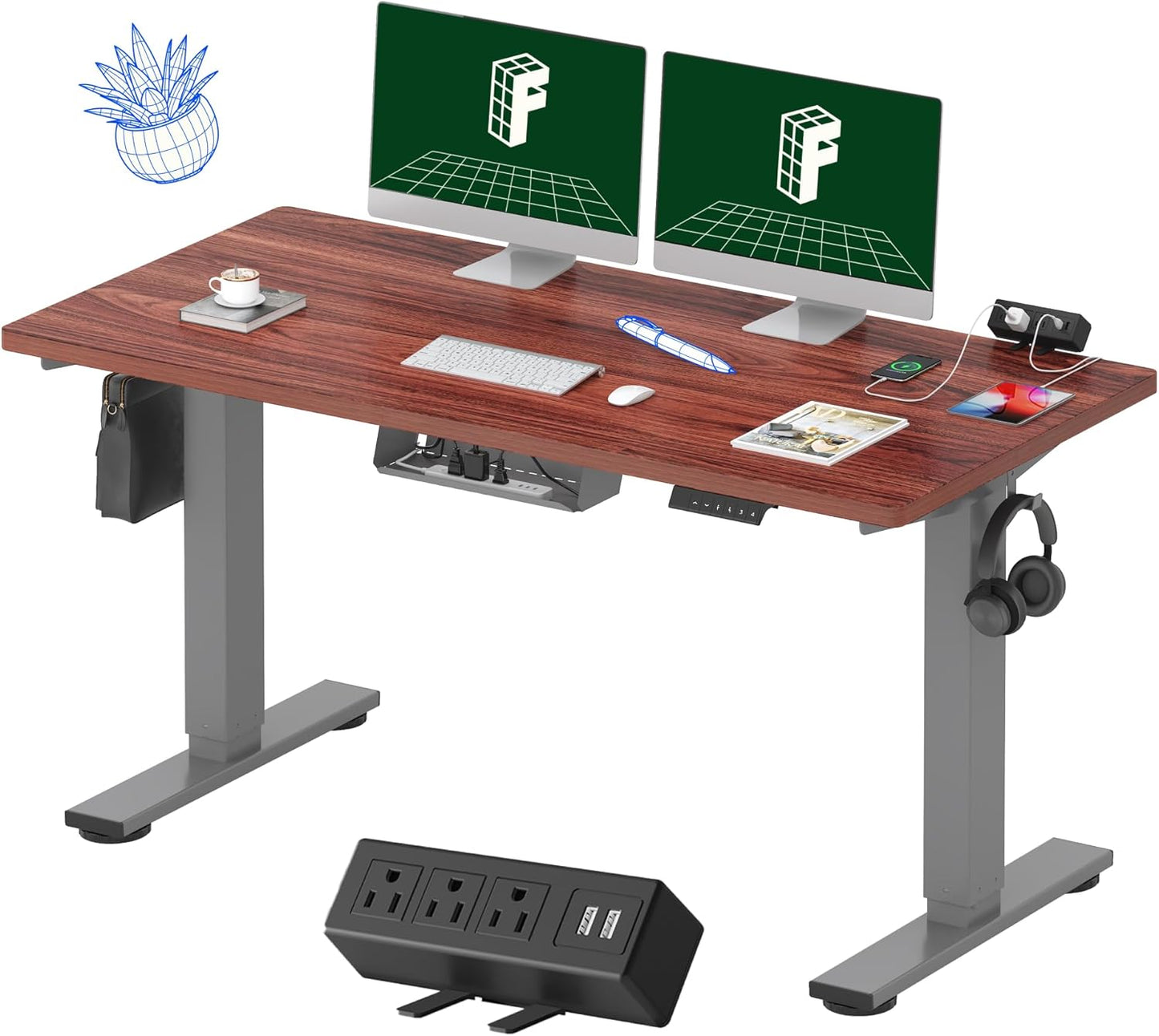 EN2 Whole-Piece Standing Desk with Clamp Power Strip, 55 X 28” Electric Stand up Height Adjustable Desk with Cable Management (Gray Frame + 55" Mahogany Top, 2 Packages)