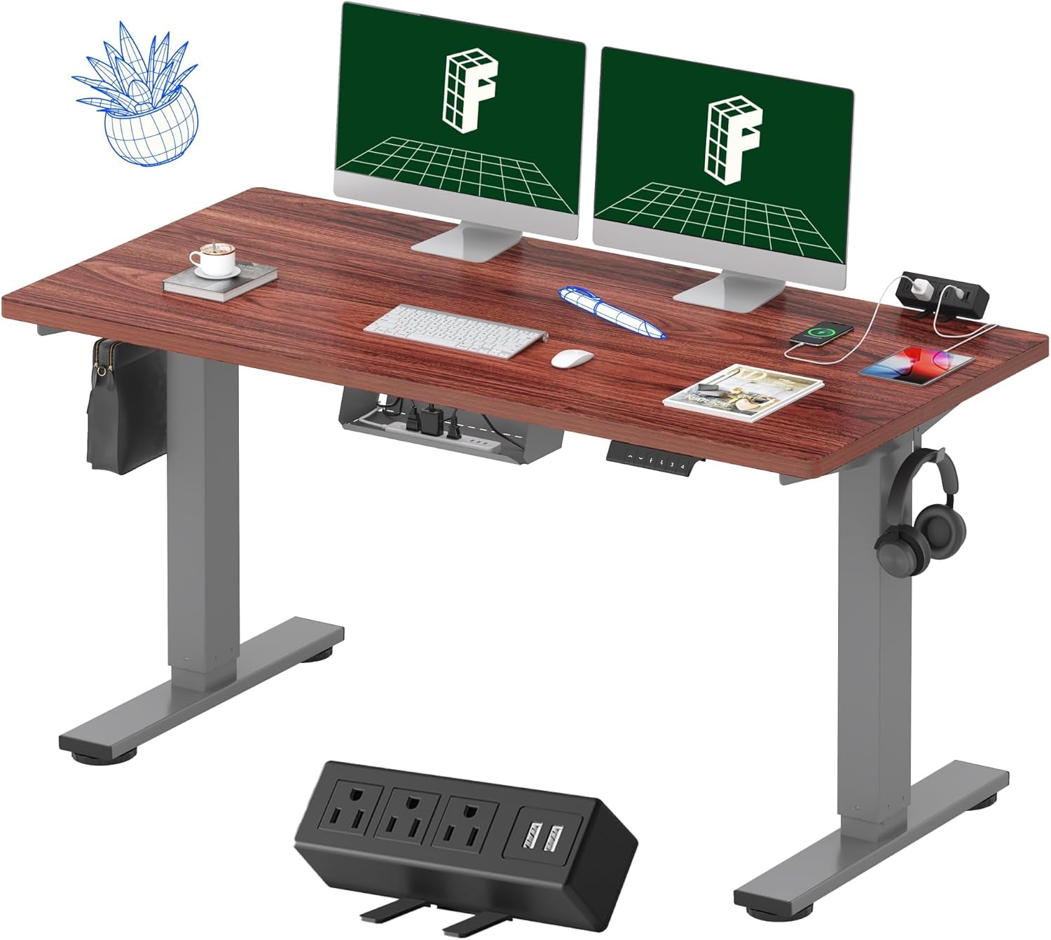 EN2 Whole-Piece Standing Desk with Clamp Power Strip, 55 X 28” Electric Stand up Height Adjustable Desk with Cable Management (Gray Frame + 55" Mahogany Top, 2 Packages)