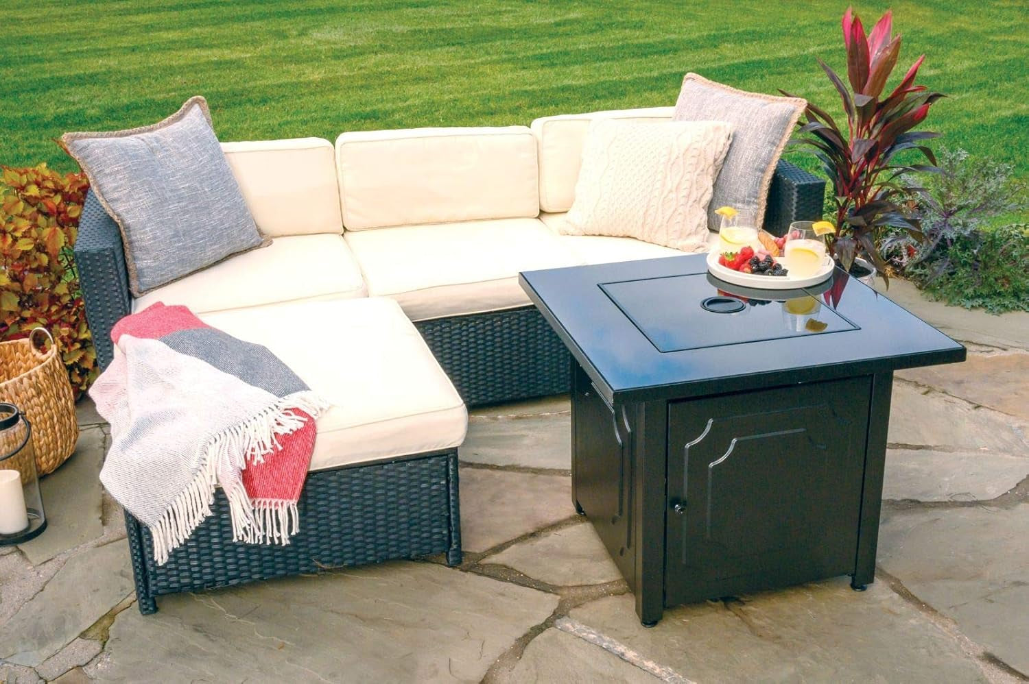 30" Outdoor Propane Gas Black Glass Top Fire Pit (White Fire Glass)