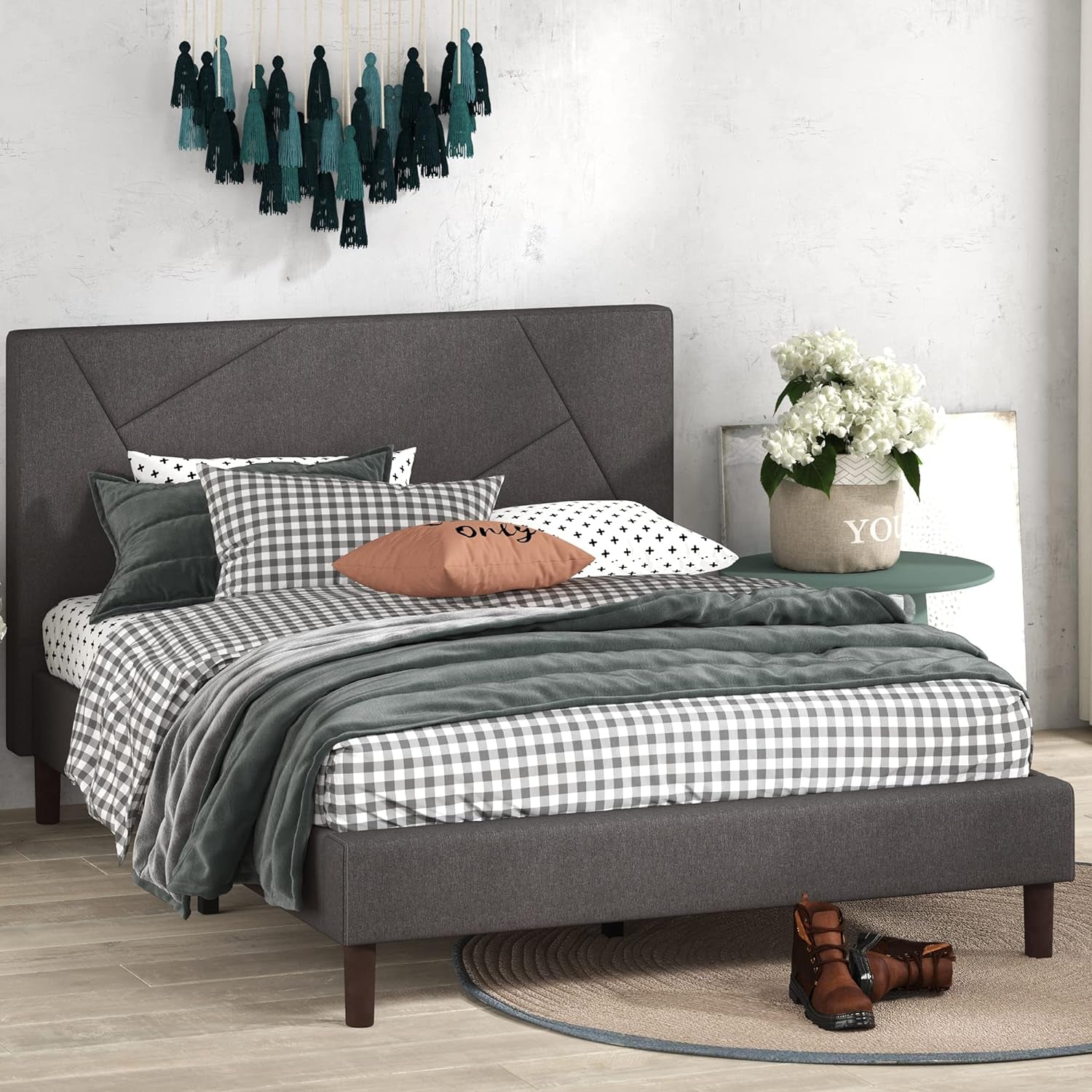 Judy Upholstered Platform Bed Frame, Mattress Foundation, Wood Slat Support, No Box Spring Needed, Easy Assembly, Queen