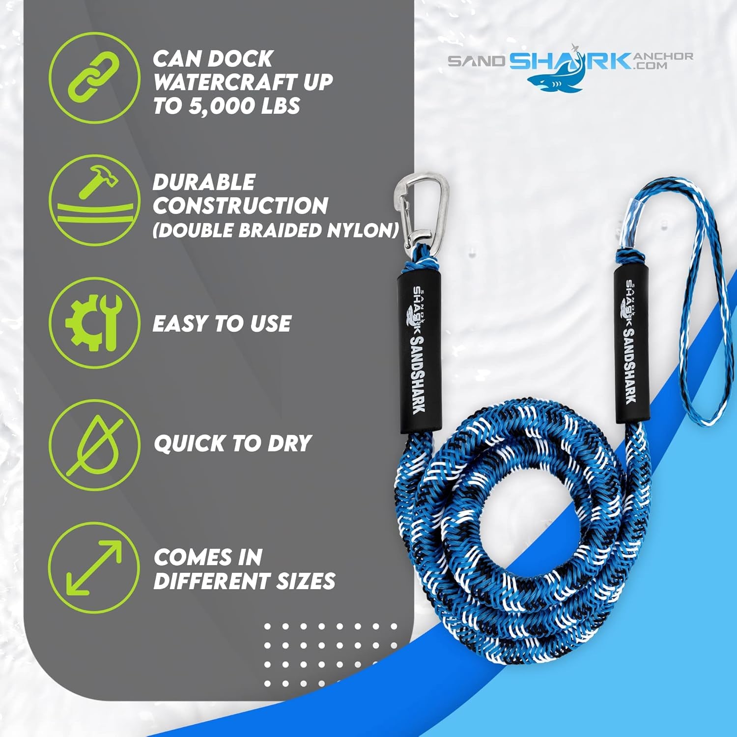 Premium Anchor Bungee Dock Line. Boat Accessories Anchor Line Absorbs Shock to Anchors and Docks W/Stainless Steel Clip - Blue - 7-14Ft