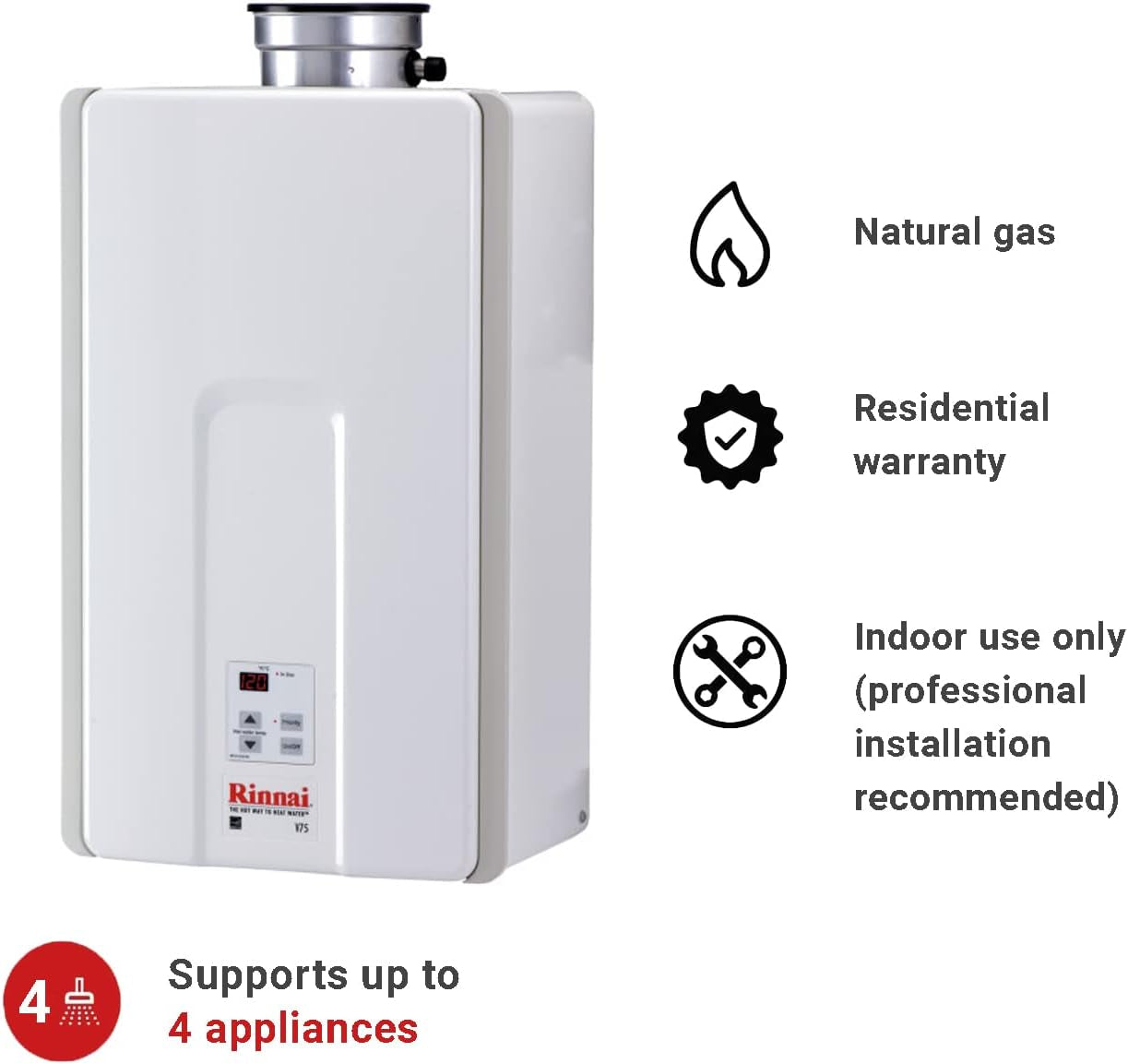 V75IN Tankless Hot Water Heater, 7.5 GPM, Natural Gas, Indoor Installation