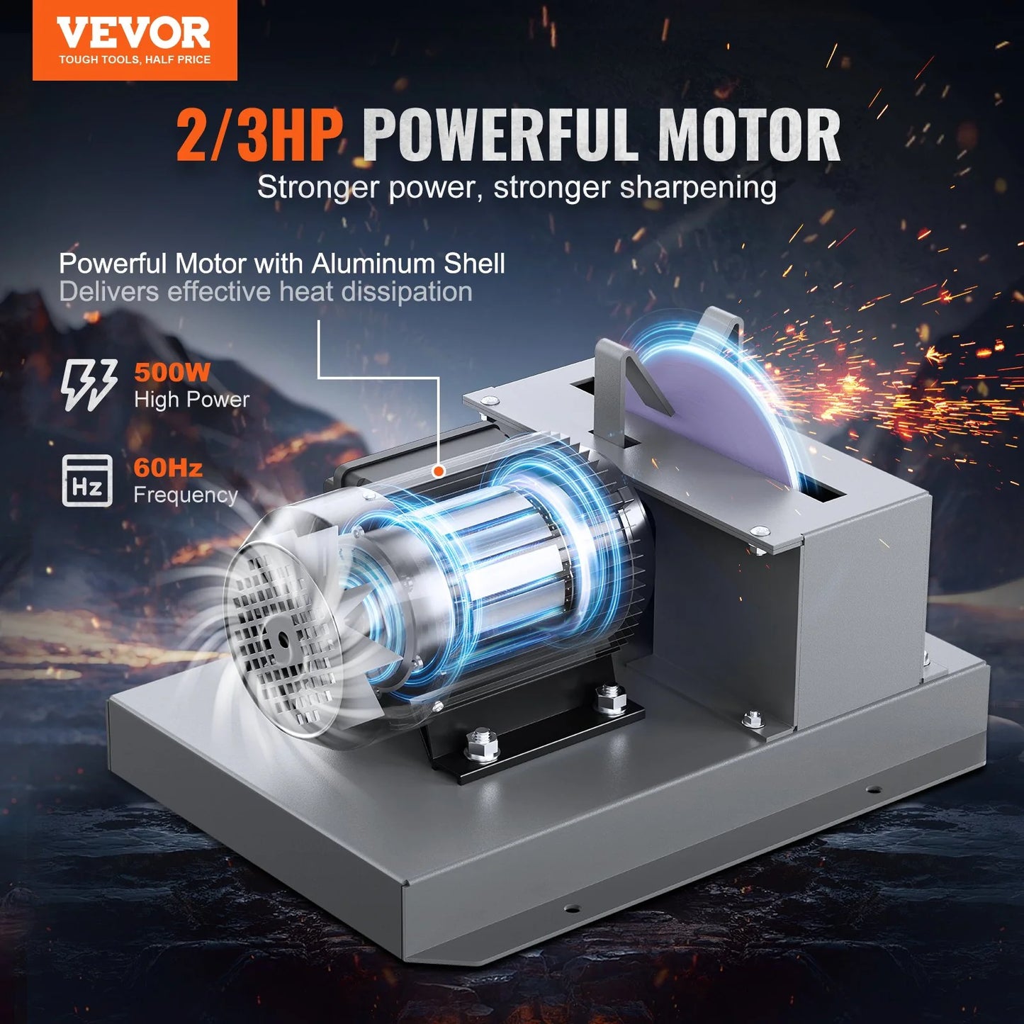 VEVOR Lawn Mower Blade Sharpener, 2/3HP 500W Lawnmower Blade Grinder with 7-Inch Ceramic Grinding Wheel, Powerful Bench Mower Sharpening Machine for High/Low Lift Blades, Gator Blades, Flat Blades