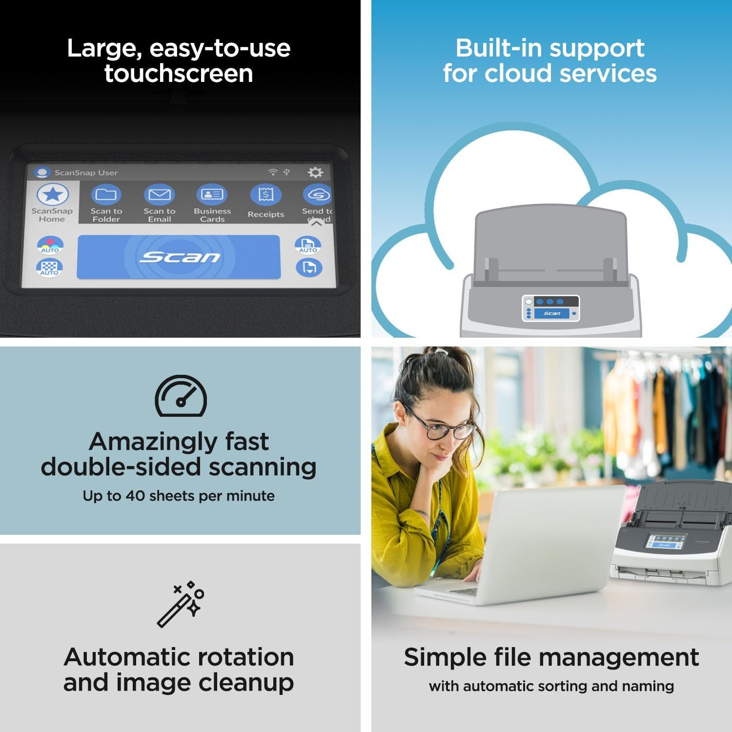 Ix1600 Photo and Document Scanner, Wireless or USB, High-Speed, Cloud Enabled, Large Touchscreen, Auto Document Feeder, Mac or PC, White