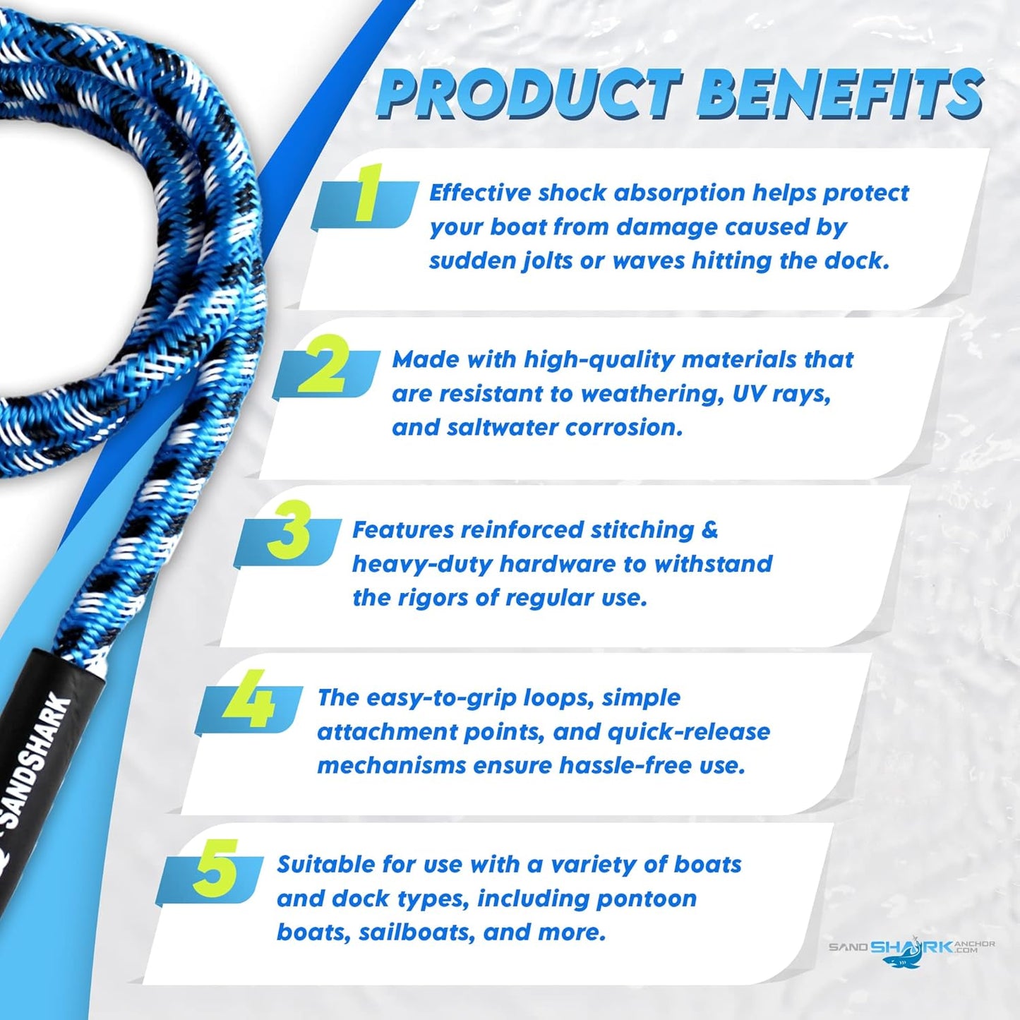 Premium Anchor Bungee Dock Line. Boat Accessories Anchor Line Absorbs Shock to Anchors and Docks W/Stainless Steel Clip - Blue - 7-14Ft