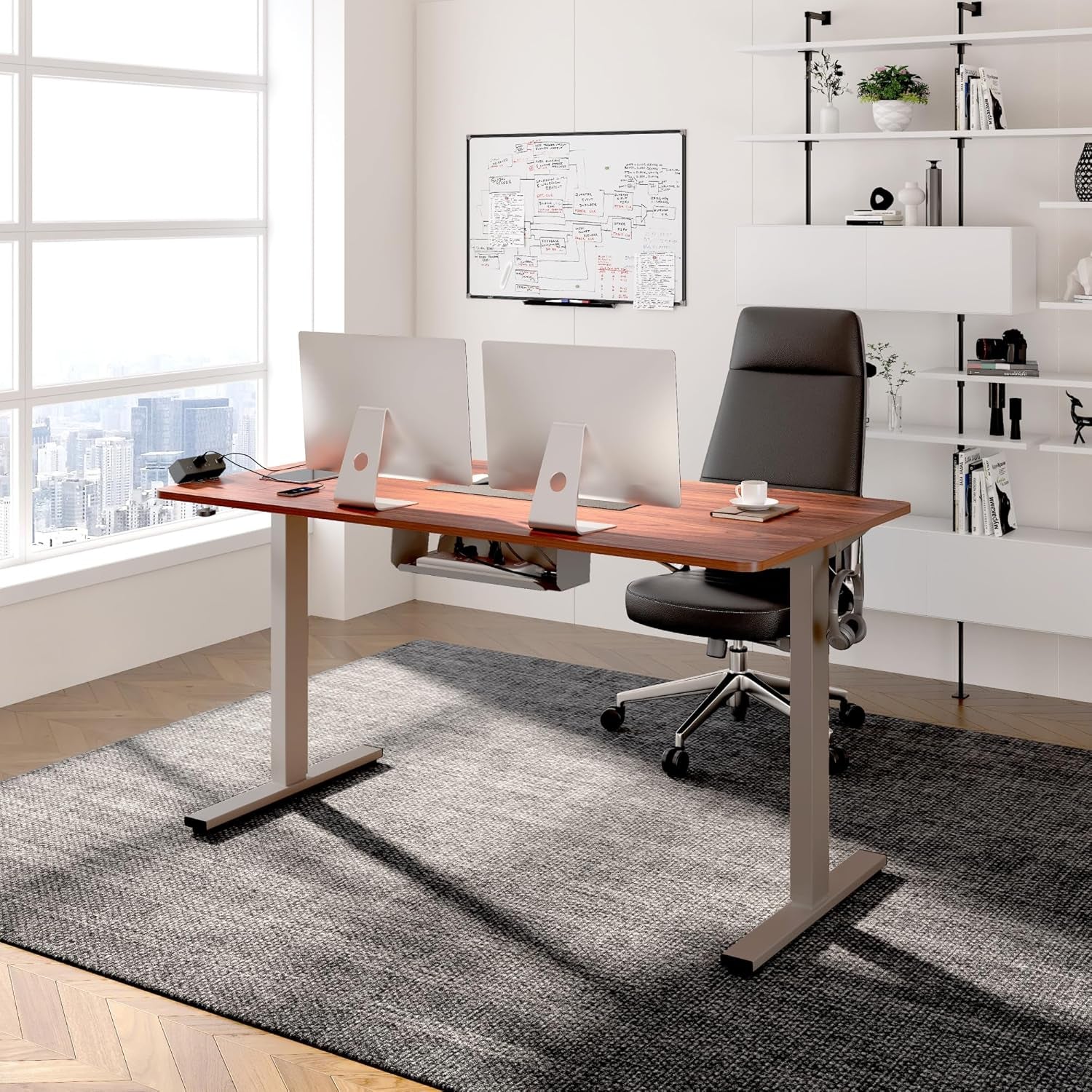 EN2 Whole-Piece Standing Desk with Clamp Power Strip, 55 X 28” Electric Stand up Height Adjustable Desk with Cable Management (Gray Frame + 55" Mahogany Top, 2 Packages)