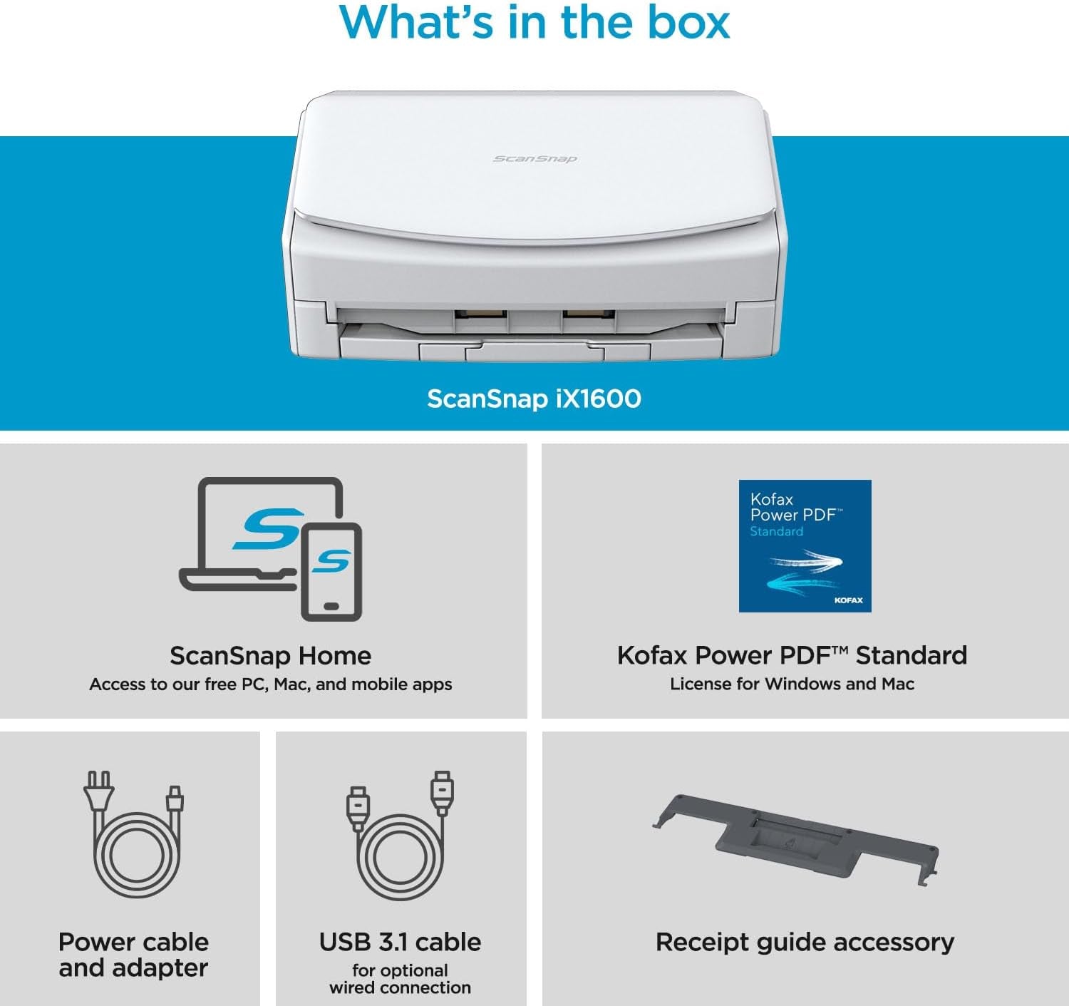 Ix1600 Photo and Document Scanner, Wireless or USB, High-Speed, Cloud Enabled, Large Touchscreen, Auto Document Feeder, Mac or PC, White