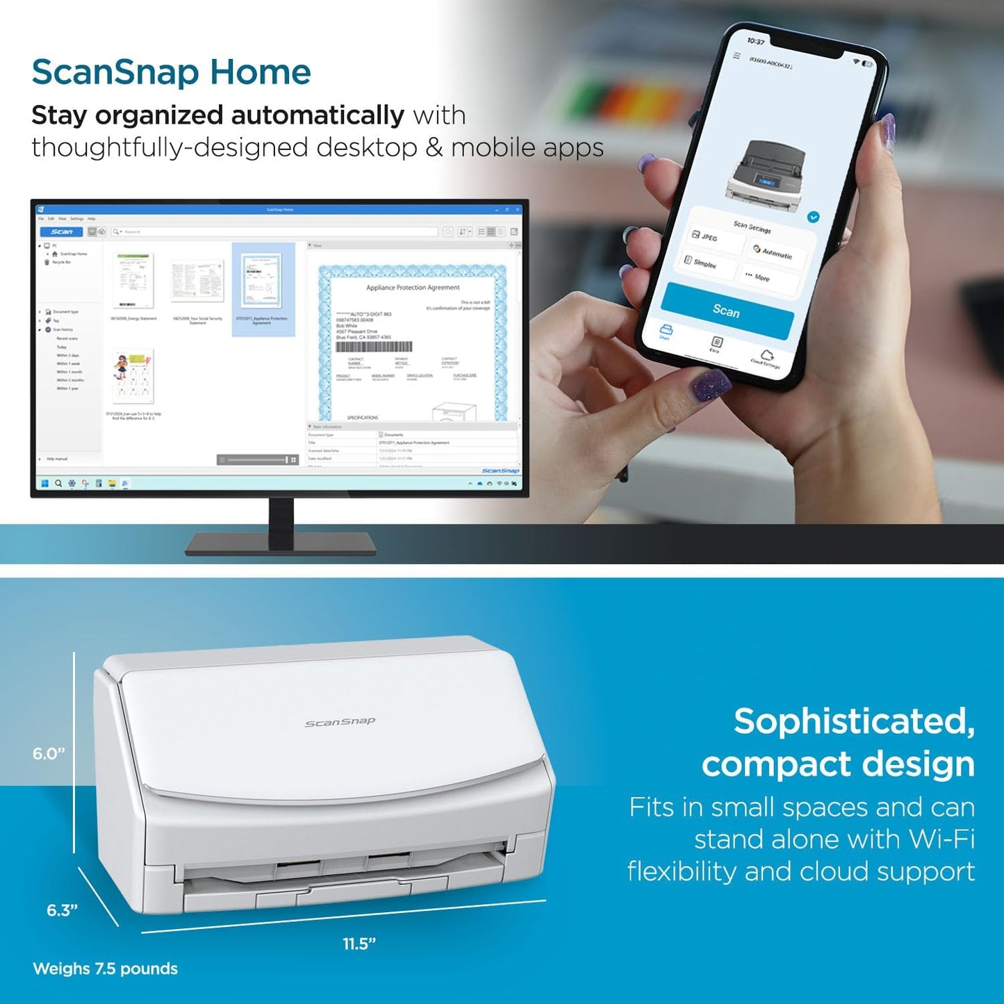Ix1600 Photo and Document Scanner, Wireless or USB, High-Speed, Cloud Enabled, Large Touchscreen, Auto Document Feeder, Mac or PC, White