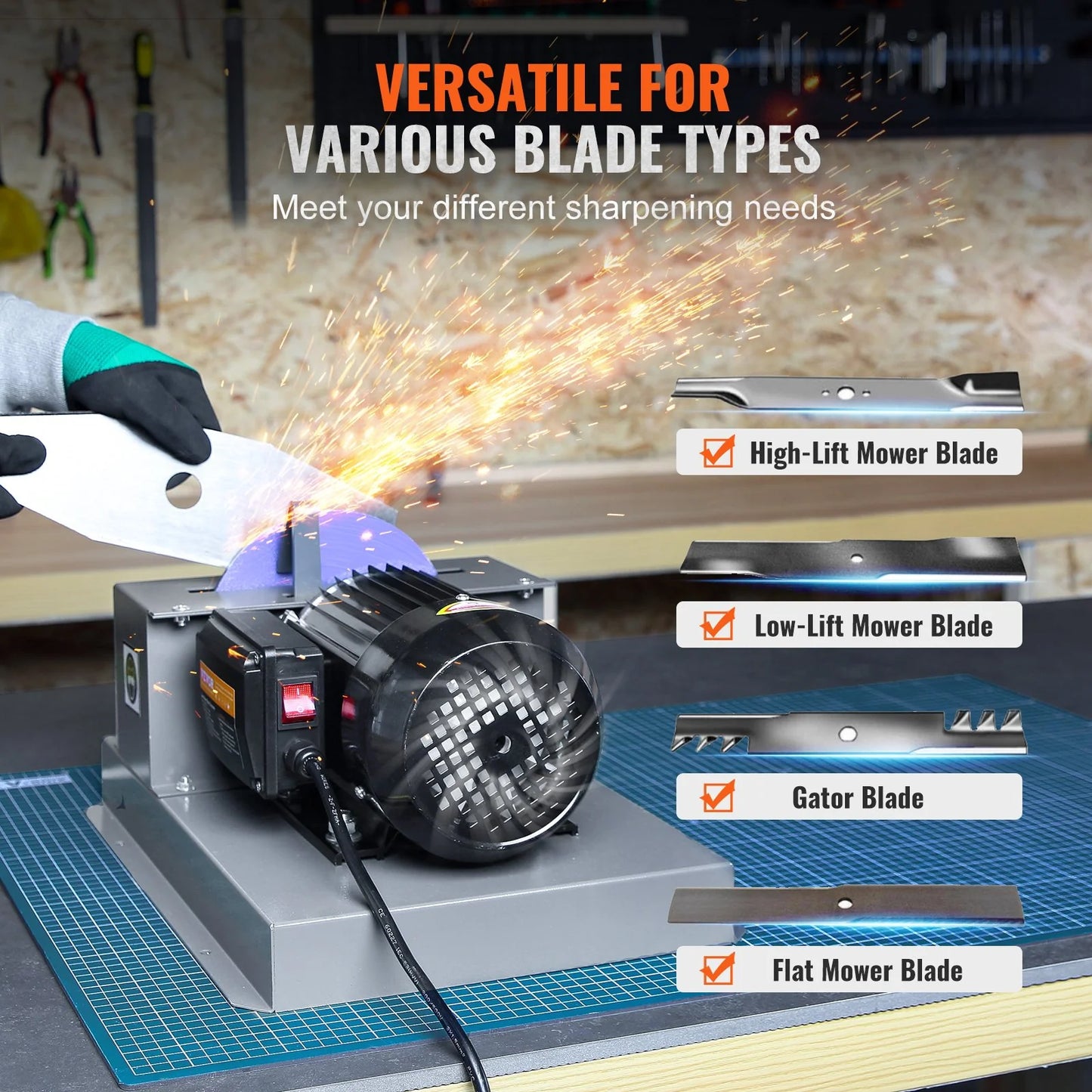 VEVOR Lawn Mower Blade Sharpener, 2/3HP 500W Lawnmower Blade Grinder with 7-Inch Ceramic Grinding Wheel, Powerful Bench Mower Sharpening Machine for High/Low Lift Blades, Gator Blades, Flat Blades