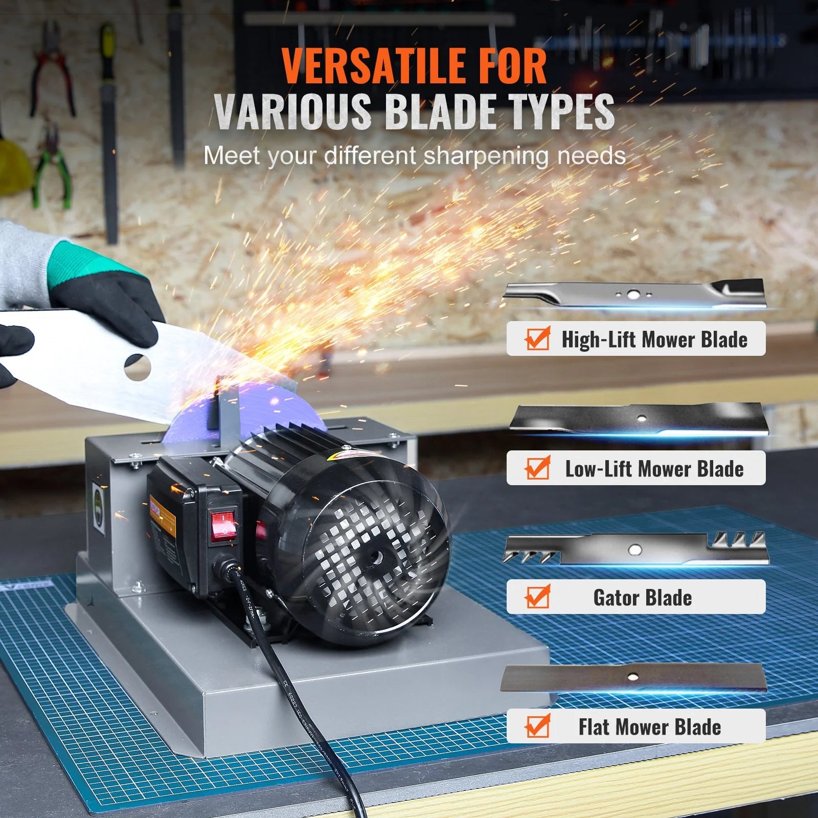 VEVOR Lawn Mower Blade Sharpener, 2/3HP 500W Lawnmower Blade Grinder with 7-Inch Ceramic Grinding Wheel, Powerful Bench Mower Sharpening Machine for High/Low Lift Blades, Gator Blades, Flat Blades