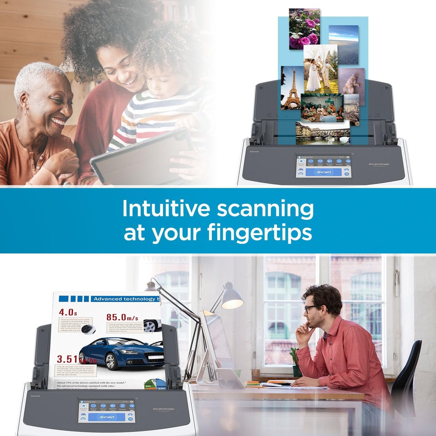 Ix1600 Photo and Document Scanner, Wireless or USB, High-Speed, Cloud Enabled, Large Touchscreen, Auto Document Feeder, Mac or PC, White