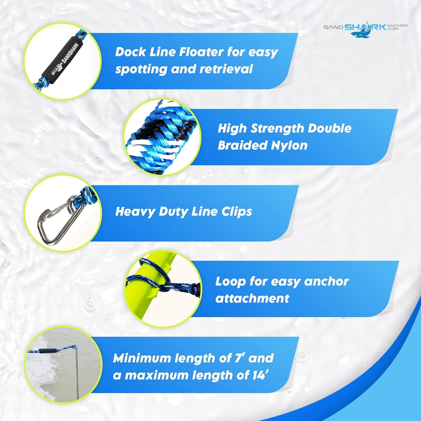 Premium Anchor Bungee Dock Line. Boat Accessories Anchor Line Absorbs Shock to Anchors and Docks W/Stainless Steel Clip - Blue - 7-14Ft