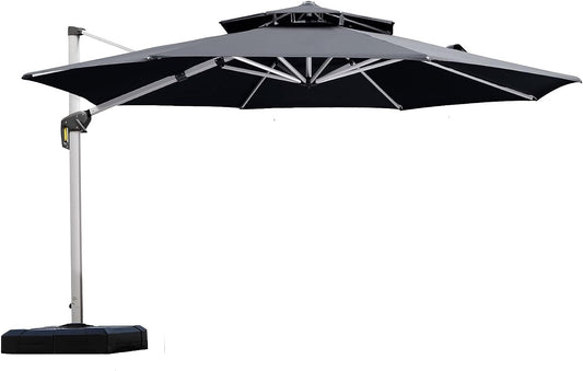 12 Feet Double Top round Deluxe Patio Umbrella Offset Hanging Umbrella Outdoor Market Umbrella Garden Umbrella, Grey