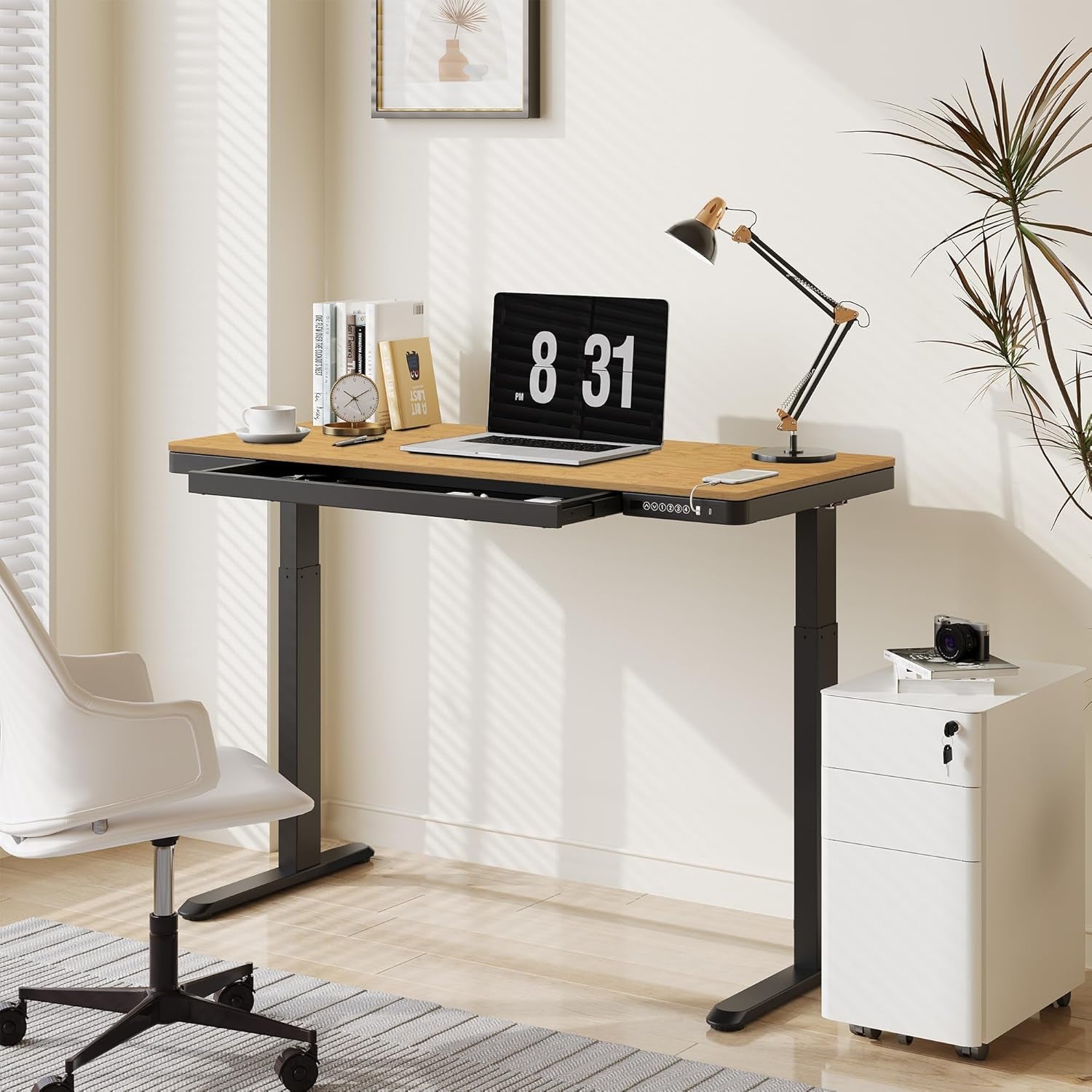 Comhar Electric Standing Desk with Drawer Desktop & Adjustable Frame W/Usb Charge Ports (Bamboo Texture/Black, Wood)