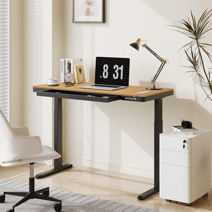 Comhar Electric Standing Desk with Drawer Desktop & Adjustable Frame W/Usb Charge Ports (Bamboo Texture/Black, Wood)