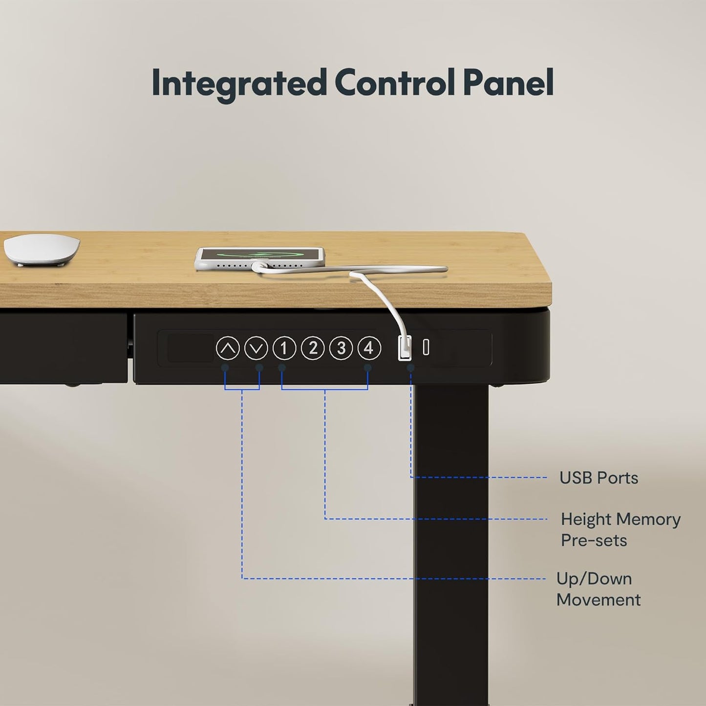 Comhar Electric Standing Desk with Drawer Desktop & Adjustable Frame W/Usb Charge Ports (Bamboo Texture/Black, Wood)