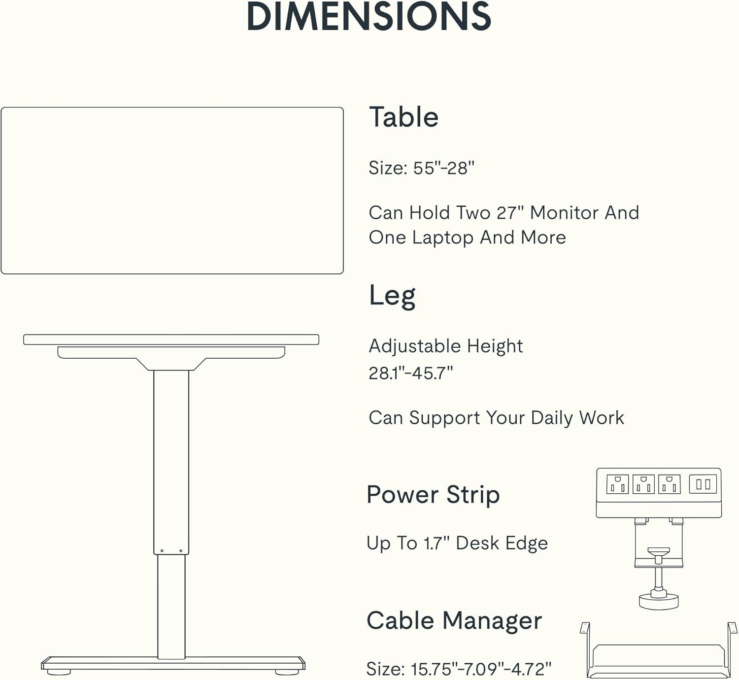 EN2 Whole-Piece Standing Desk with Clamp Power Strip, 55 X 28” Electric Stand up Height Adjustable Desk with Cable Management (Black Frame + 55" Black Top, 2 Packages)