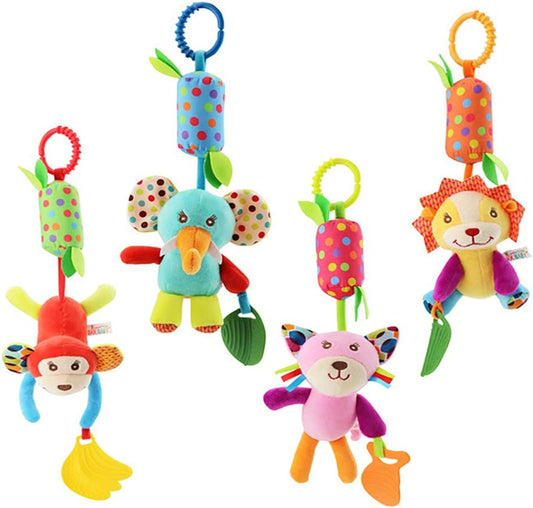 Baby Hanging Rattles Toys, Newborn Crib Toys Car Seat Stroller Toys for Infant, Colorful Animal Bell Soft Baby Sensory Rattles Toys with Teether for Babies Boys and Girls 3 6 9 to 12 Months(4 Pack)