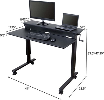 Crank Adjustable Two Tier Standing Desk with Heavy Duty Steel Frame (Black Frame/Black Top, 48" Wide)