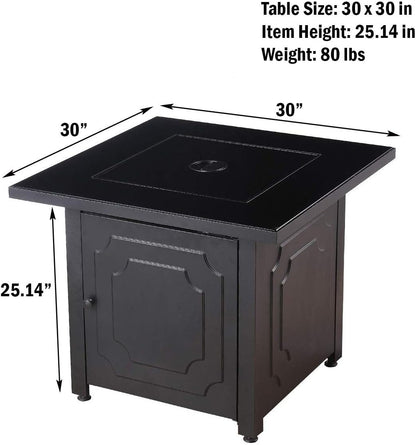 30" Outdoor Propane Gas Black Glass Top Fire Pit (White Fire Glass)