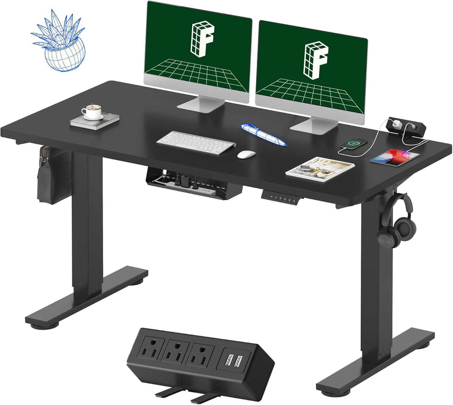 EN2 Whole-Piece Standing Desk with Clamp Power Strip, 55 X 28” Electric Stand up Height Adjustable Desk with Cable Management (Black Frame + 55" Black Top, 2 Packages)