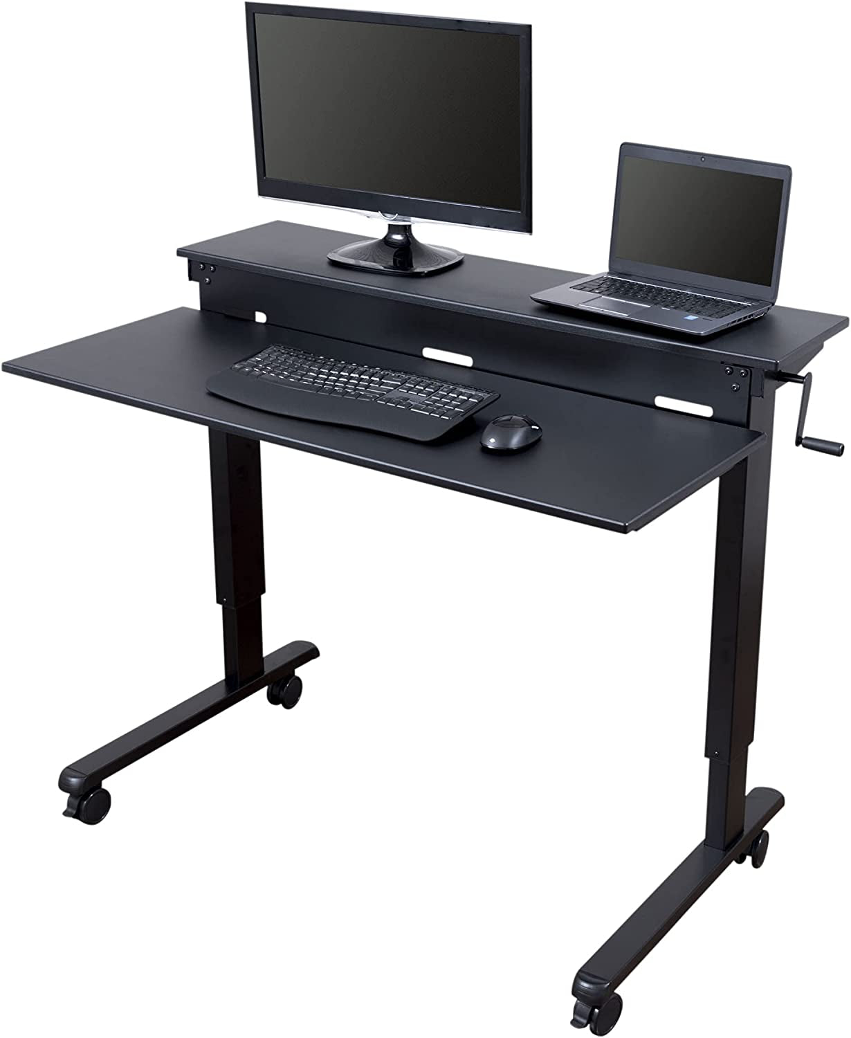 Crank Adjustable Two Tier Standing Desk with Heavy Duty Steel Frame (Black Frame/Black Top, 48" Wide)