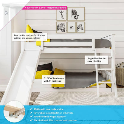 Twin over Twin Low Bunk with Slide and Ladder, Wooden Bunk Beds with 14” Safety Guardrail for Kids, Toddlers, Boys, Girls, Teens, Bedroom Furniture, White