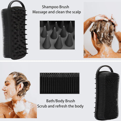 2 PC Silicone Exfoliating Body Scrubber, 2 in 1 Silicone Body Shampoo Brush, Soft Silicone Loofah for Sensitive Skin, Shower Silicone Hair Scalp Massager, Easy to Clean, Lather Well (Grey&Black)