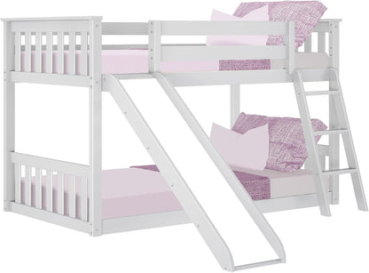 Twin over Twin Low Bunk with Slide and Ladder, Wooden Bunk Beds with 14” Safety Guardrail for Kids, Toddlers, Boys, Girls, Teens, Bedroom Furniture, White