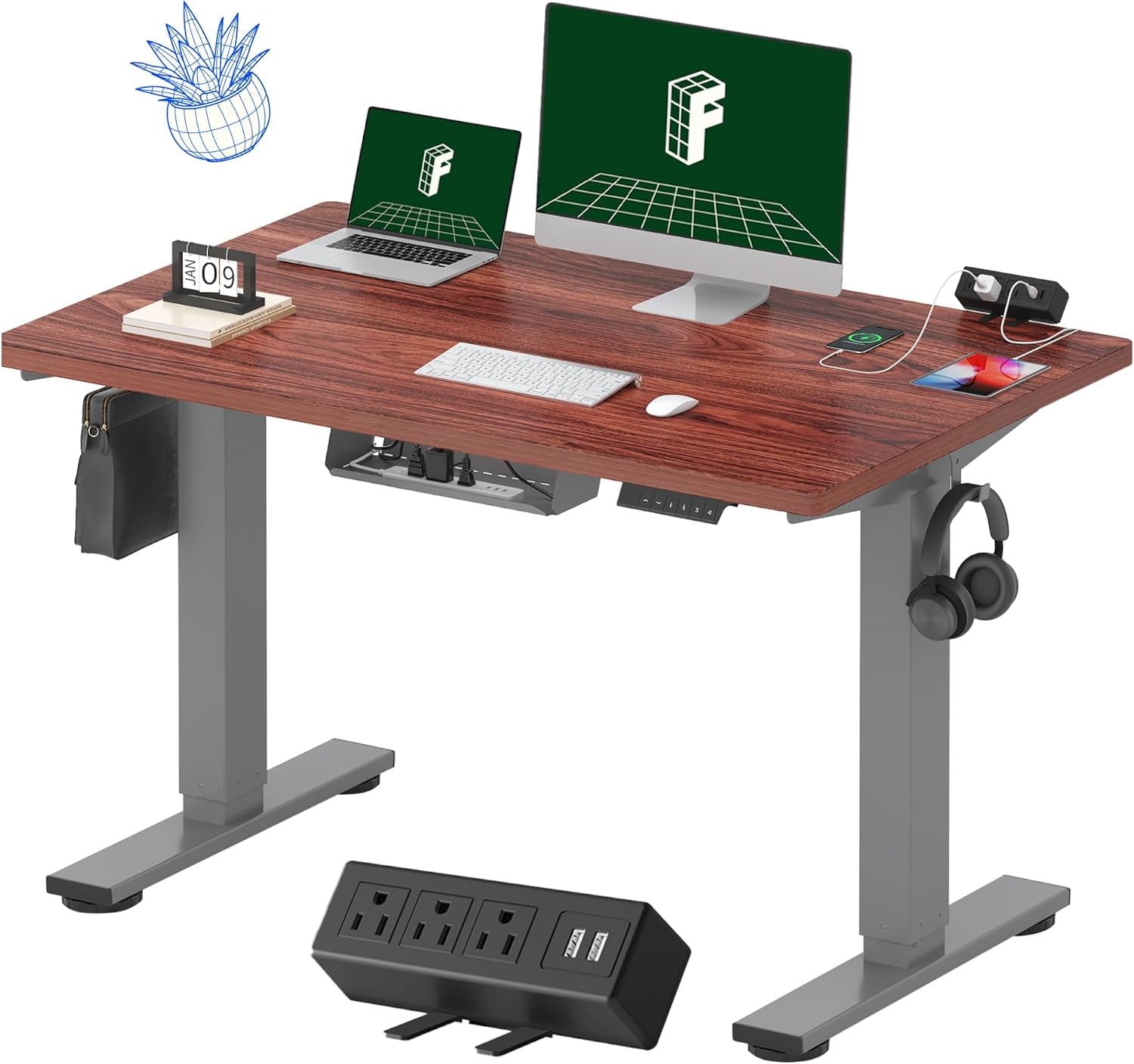 EN2 Whole-Piece Standing Desk with Clamp Power Strip, 48 X 30'' Height Adjustable Electric Stand up Desk with Cable Management (Gray Frame + Mahogany Top, 2 Packages)