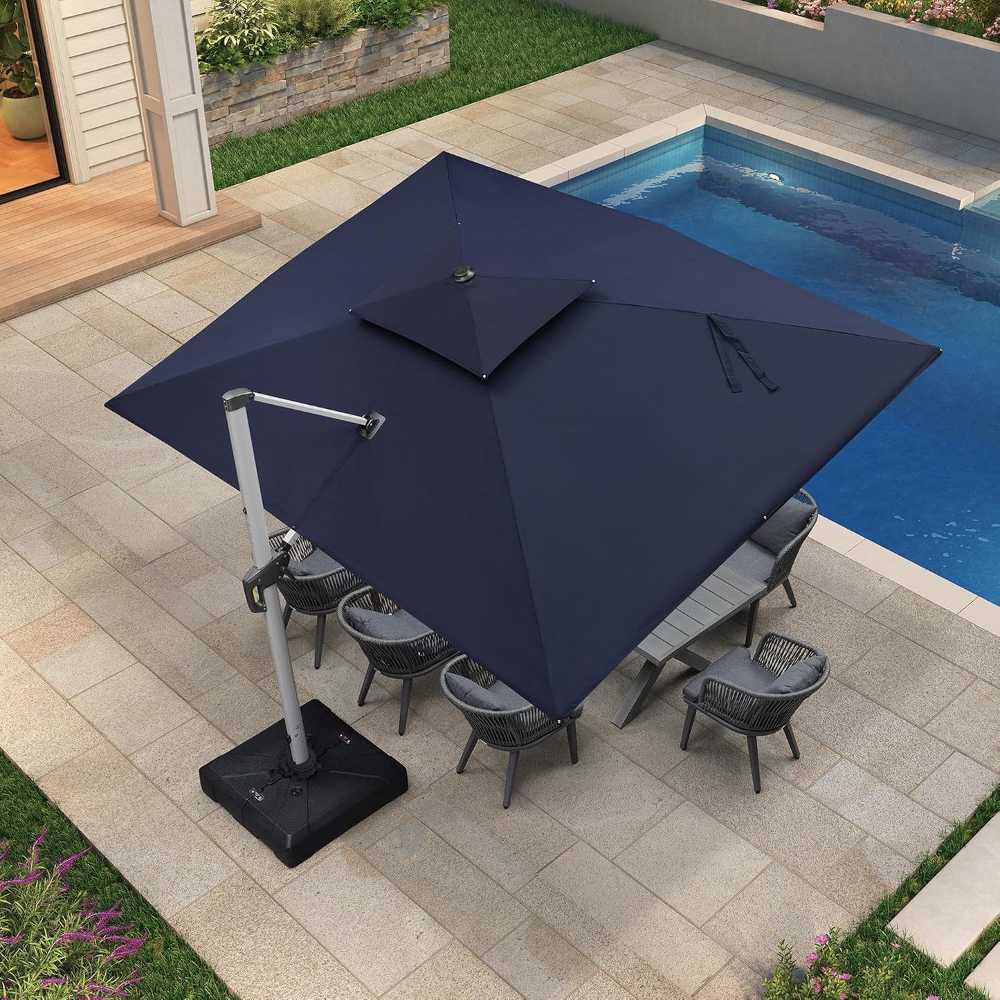 9' X 12' Patio Umbrella - Rectangle, Cantilever, Windproof, Heavy Duty Sun Umbrella for Garden, Deck, Pool, Patio - Navy Blue