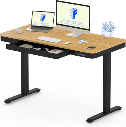 Comhar Electric Standing Desk with Drawer Desktop & Adjustable Frame W/Usb Charge Ports (Bamboo Texture/Black, Wood)