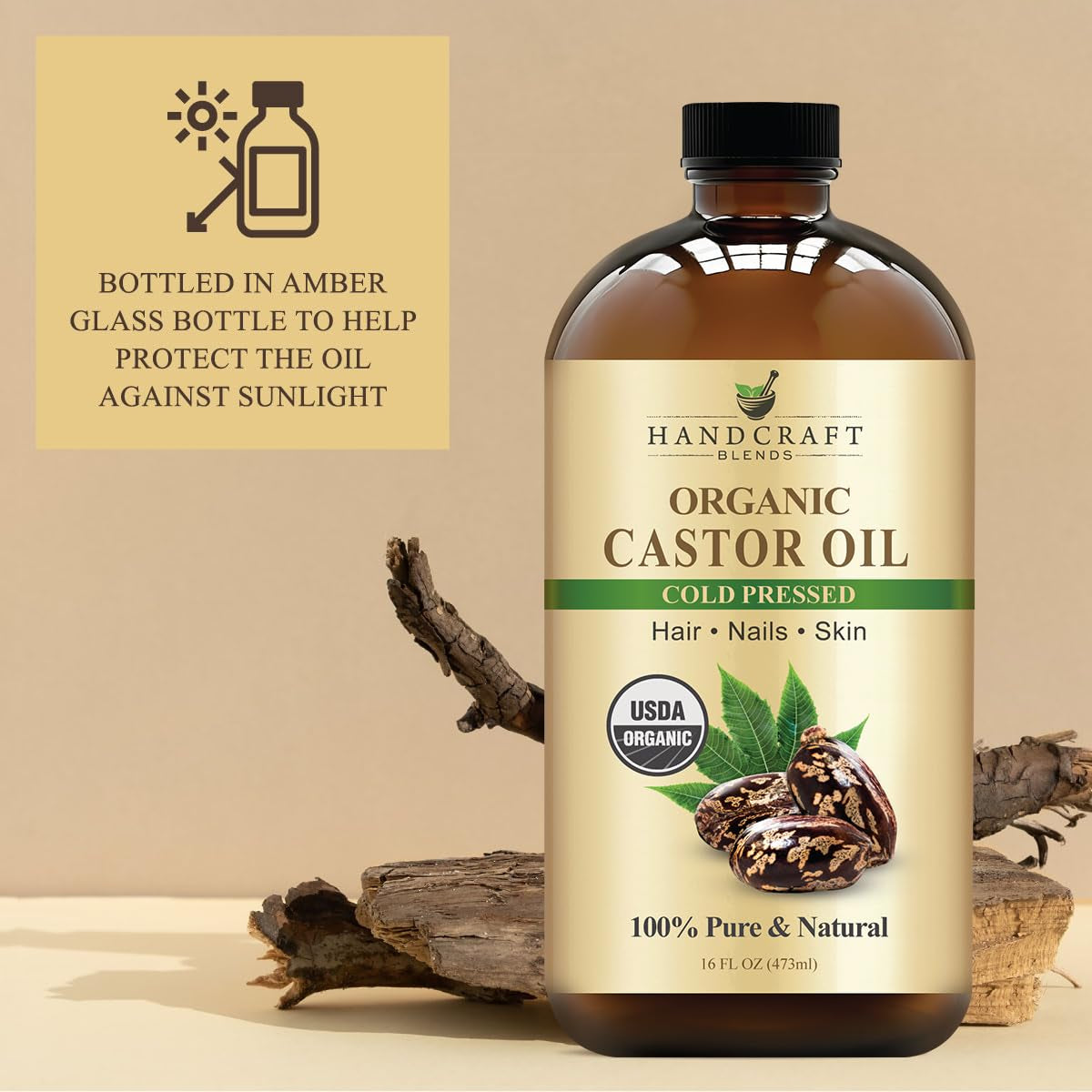 Cold-Pressed Organic Castor Oil in Glass Bottle - 16 Fl Oz - 100% Pure and Natural - Premium Grade Carrier Oil for Hair Growth, Eyelashes and Eyebrows - Hair and Body