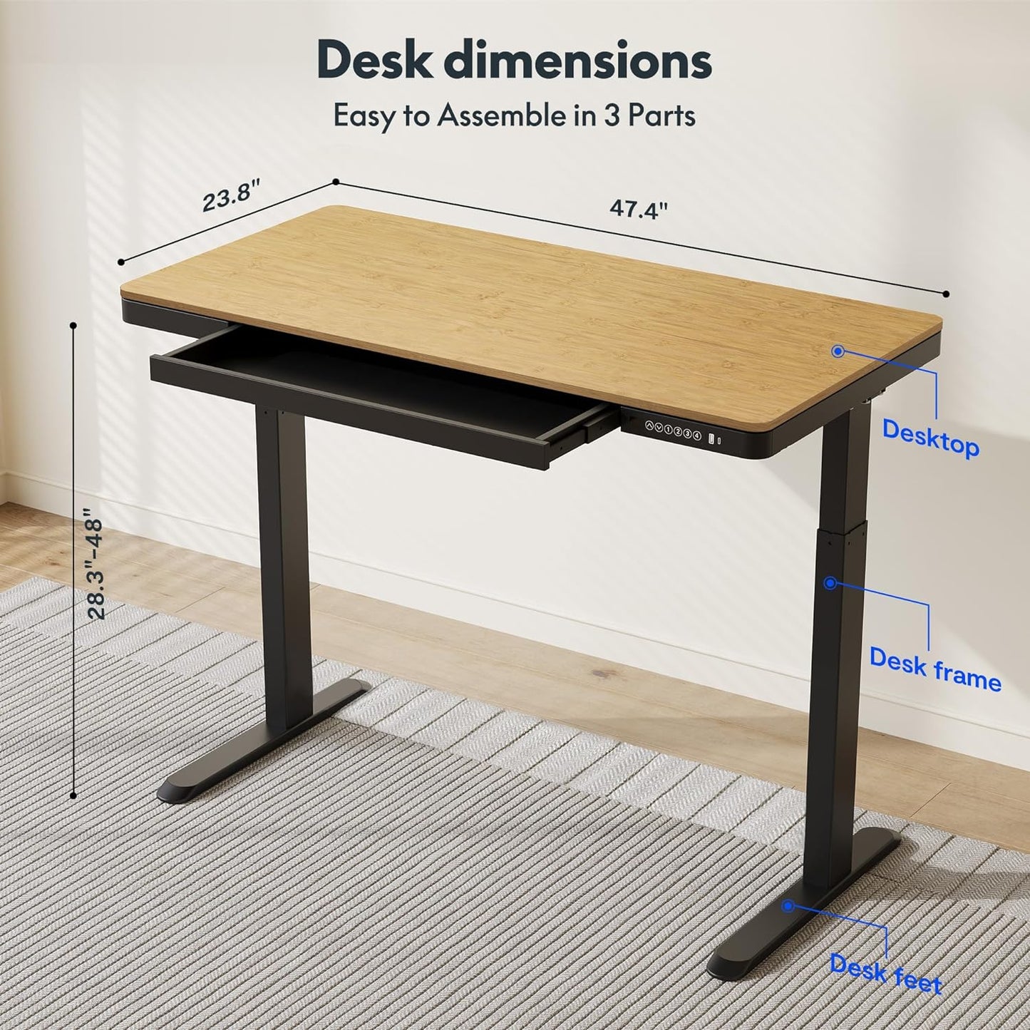 Comhar Electric Standing Desk with Drawer Desktop & Adjustable Frame W/Usb Charge Ports (Bamboo Texture/Black, Wood)