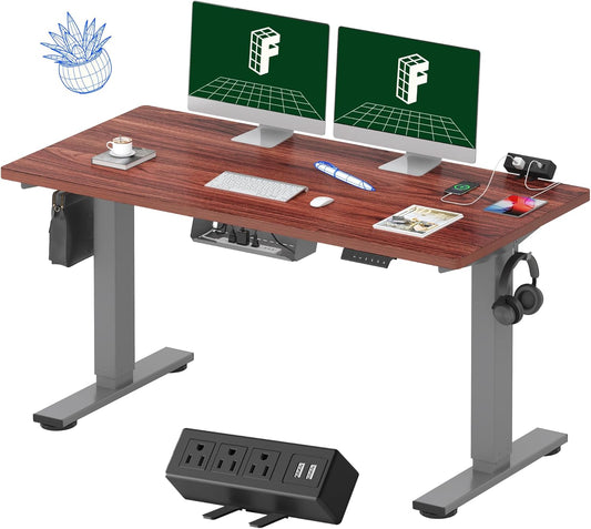 EN2 Whole-Piece Standing Desk with Clamp Power Strip, 55 X 28” Electric Stand up Height Adjustable Desk with Cable Management (Gray Frame + 55" Mahogany Top, 2 Packages)