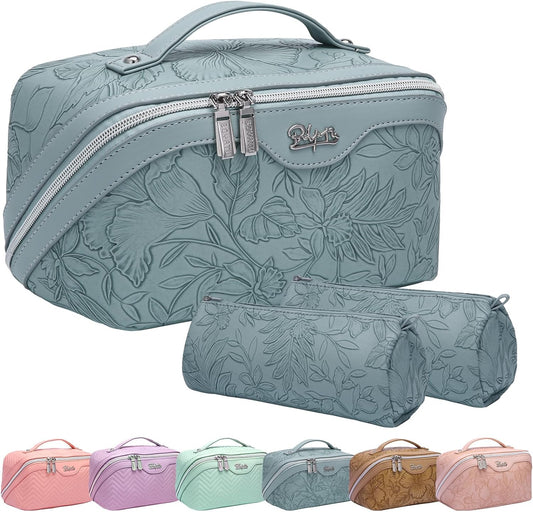 Travel Makeup Bags Cosmetic Organizer Bag: 3-Set Large Capacity Make up Bag - PU Leather Toiletry Bags for Women - Wide Open Portable Pouch with Divider & Handle (01-Light Blue)