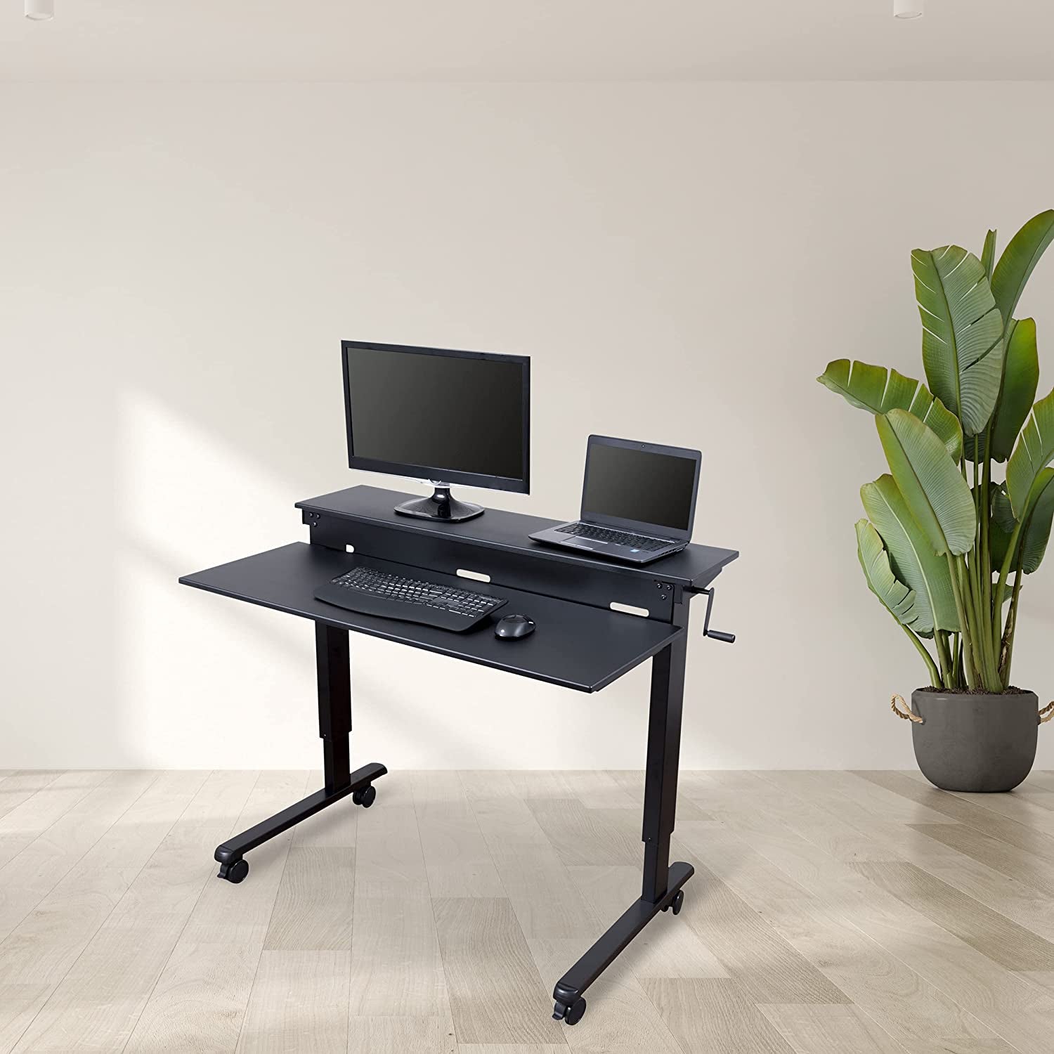 Crank Adjustable Two Tier Standing Desk with Heavy Duty Steel Frame (Black Frame/Black Top, 48" Wide)