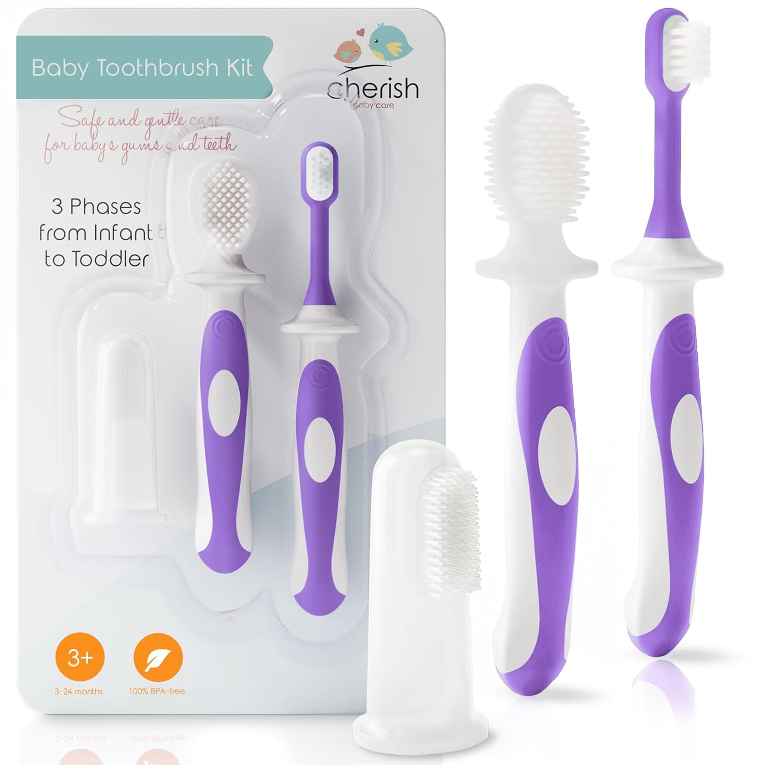 Award-Winning Baby Toothbrush Set (3-24 Months) - 3-Pack Baby Finger Toothbrush, Training Toothbrush & Toddler Toothbrush - Bpa-Free Baby First Toothbrush Set (Purple)