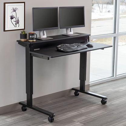 Crank Adjustable Two Tier Standing Desk with Heavy Duty Steel Frame (Black Frame/Black Top, 48" Wide)